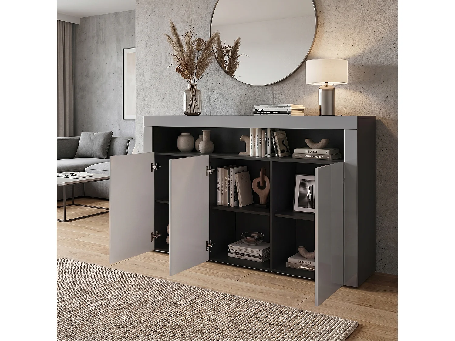 SIDEBOARD Valencia Grau Hochglanz / Grau Hochglanz
