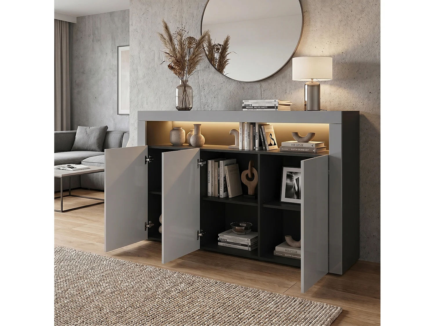 SIDEBOARD Valencia Grau Hochglanz / Grau Hochglanz