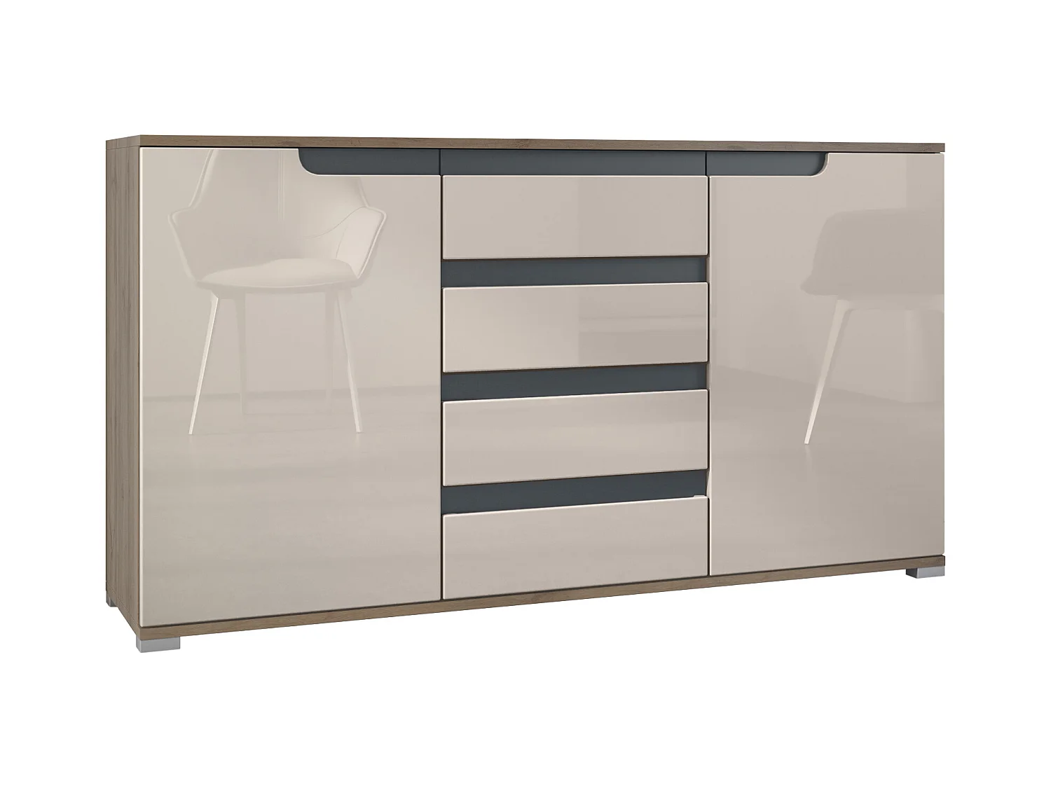 Buffet Dressoir Sylt, Corps en Noir mat / Façades en gris sable haute brillance avec un decor en anthracite mat (139 x 72 x 35)