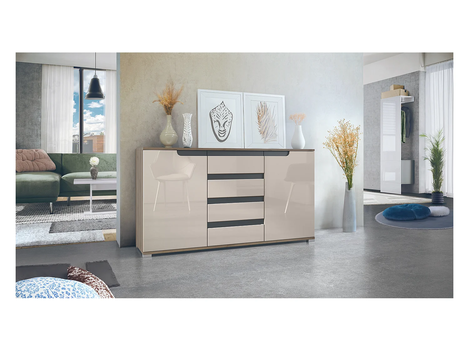 Buffet Dressoir Sylt, Corps en Noir mat / Façades en gris sable haute brillance avec un decor en anthracite mat (139 x 72 x 35)