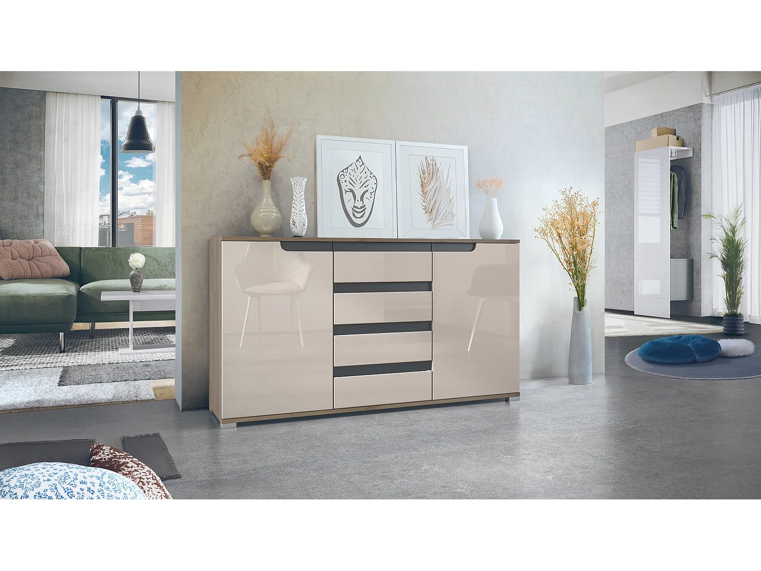 Aparador Cómoda Sylt , cuerpo en negro mate / Frente en gris arena de alto brillo con molduras en antracita mate (139 x 72 x 35)