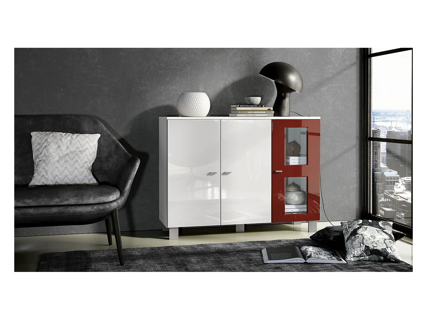 Buffet Denjo, Commode avec 3 portes, Blanc mat/Blanc haute brillance/Bordeaux haute brillance (107 x 81 x 35 cm)