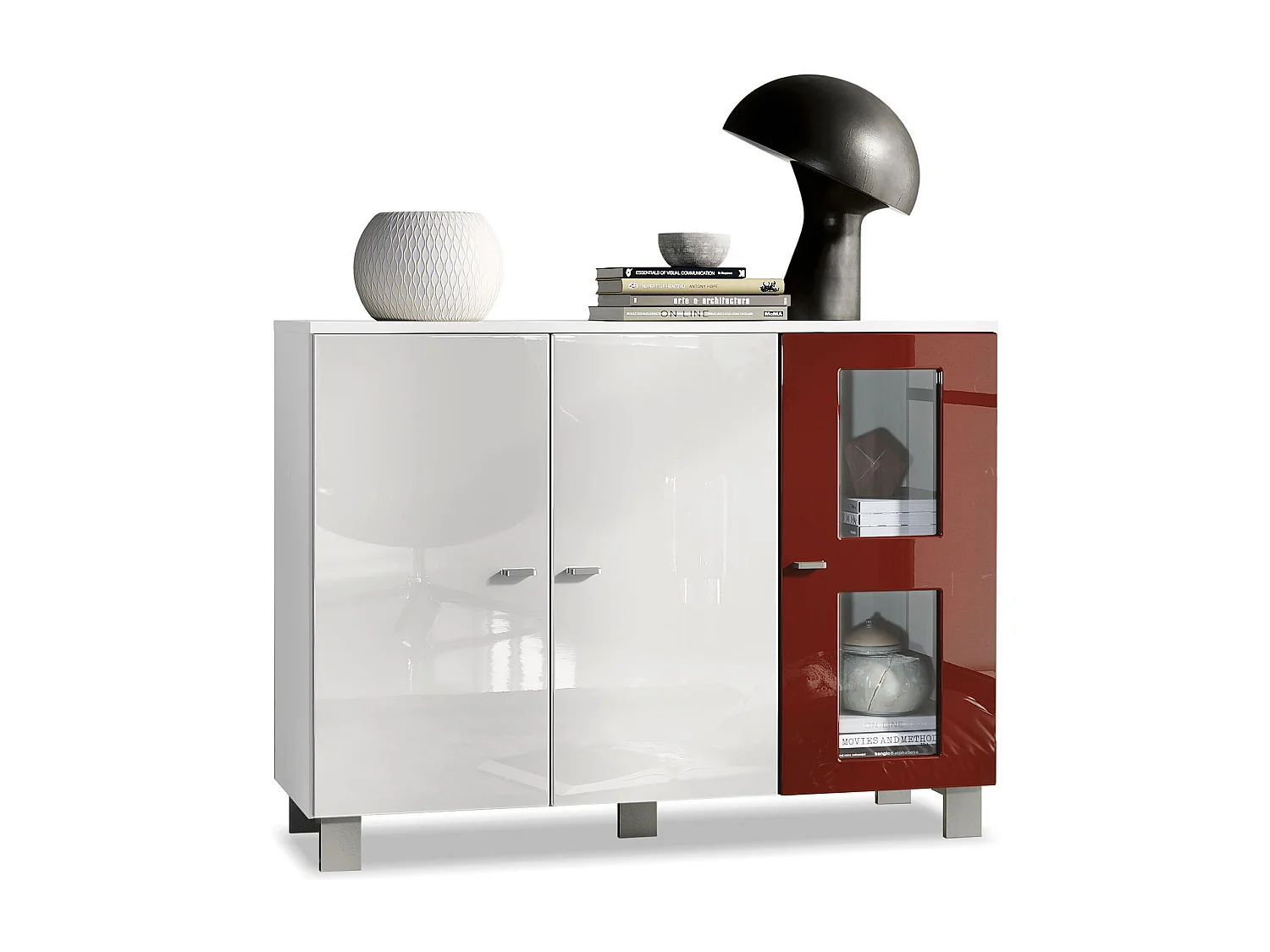 Credenza  Denjo, Mobile a 3 ante, Bianco opaco/Bianco lucido/Bordeaux lucido (107 x 81 x 35 cm)