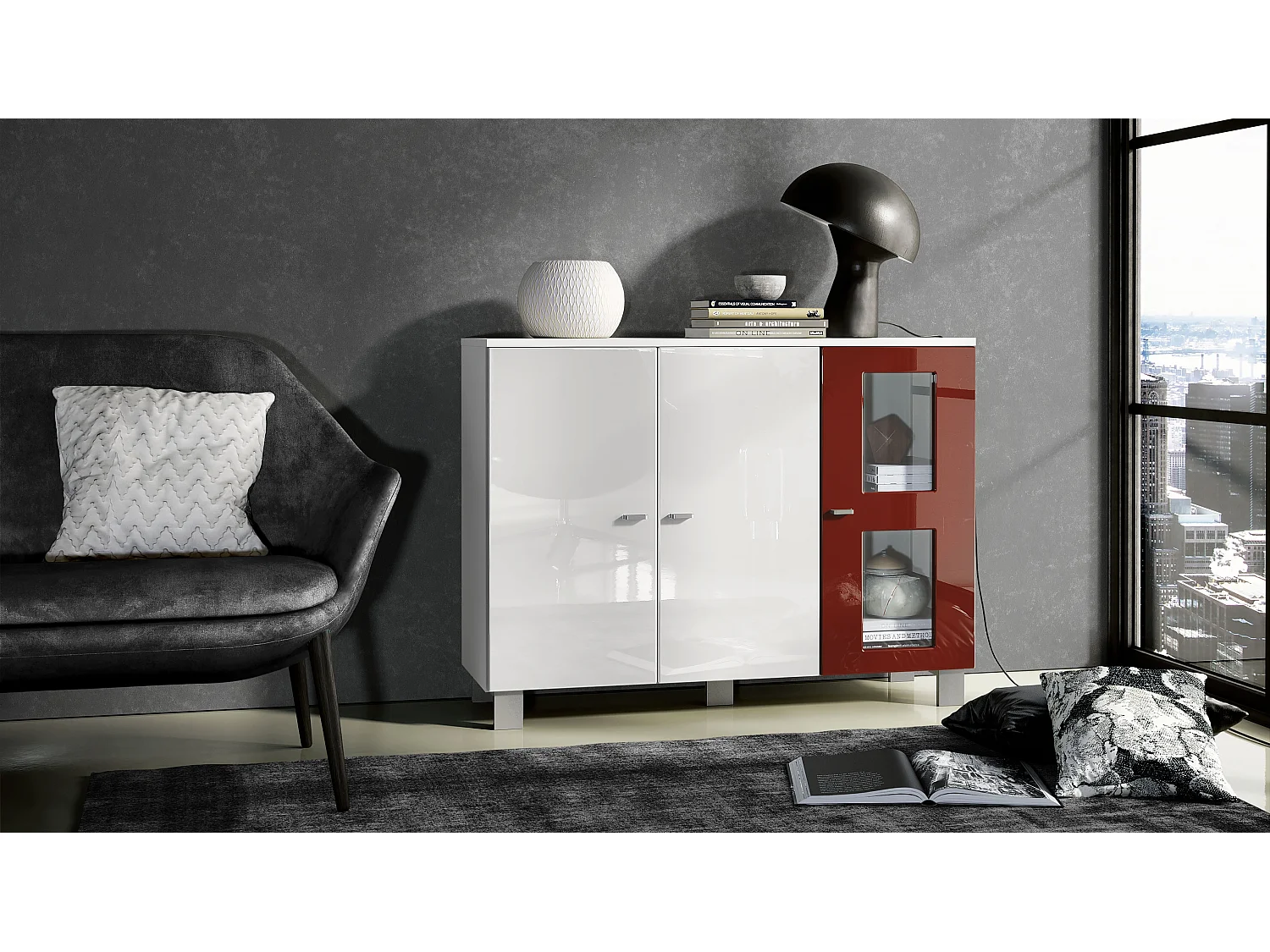 Credenza  Denjo, Mobile a 3 ante, Bianco opaco/Bianco lucido/Bordeaux lucido (107 x 81 x 35 cm)