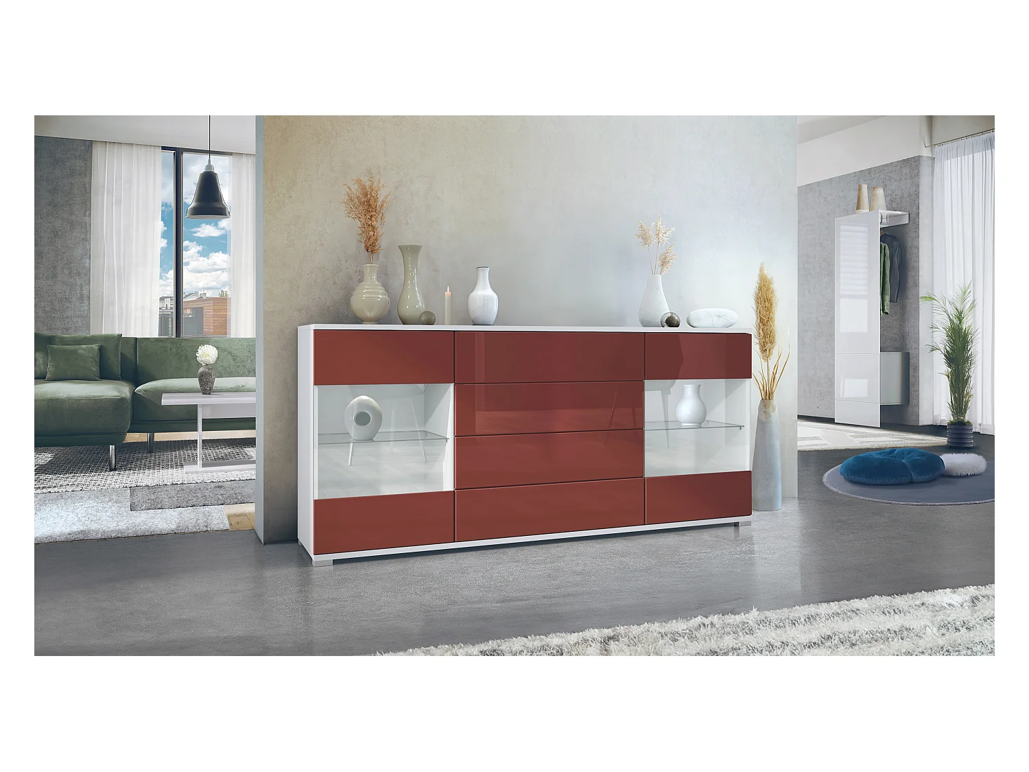 Buffet Bari V2 – Meuble avec 2 Grandes Portes et 4 Tiroirs, blanc mat/bordeaux haute brillance (166,5 x 75,5 x 35)