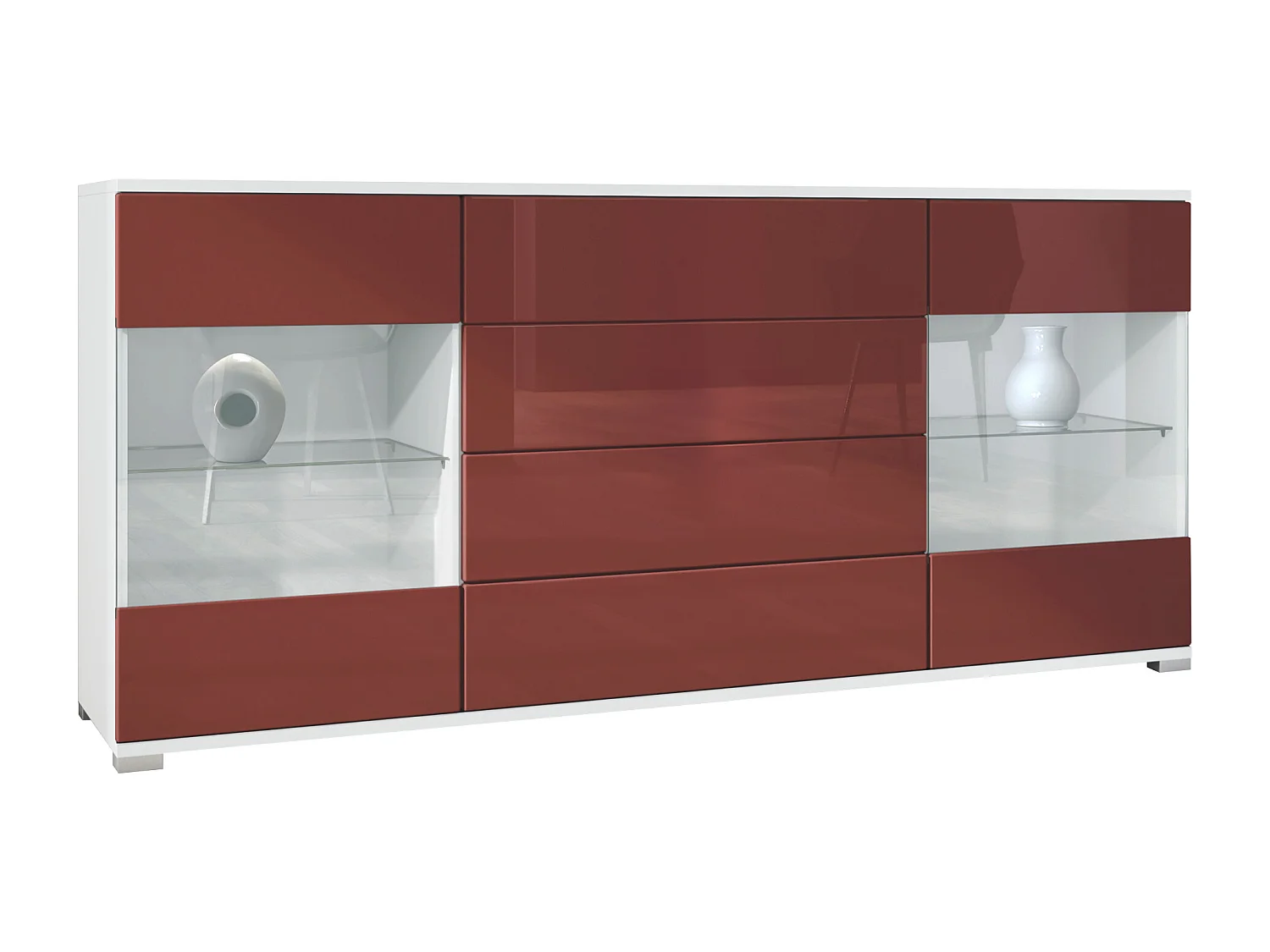 Buffet Bari V2 – Meuble avec 2 Grandes Portes et 4 Tiroirs, blanc mat/bordeaux haute brillance (166,5 x 75,5 x 35)