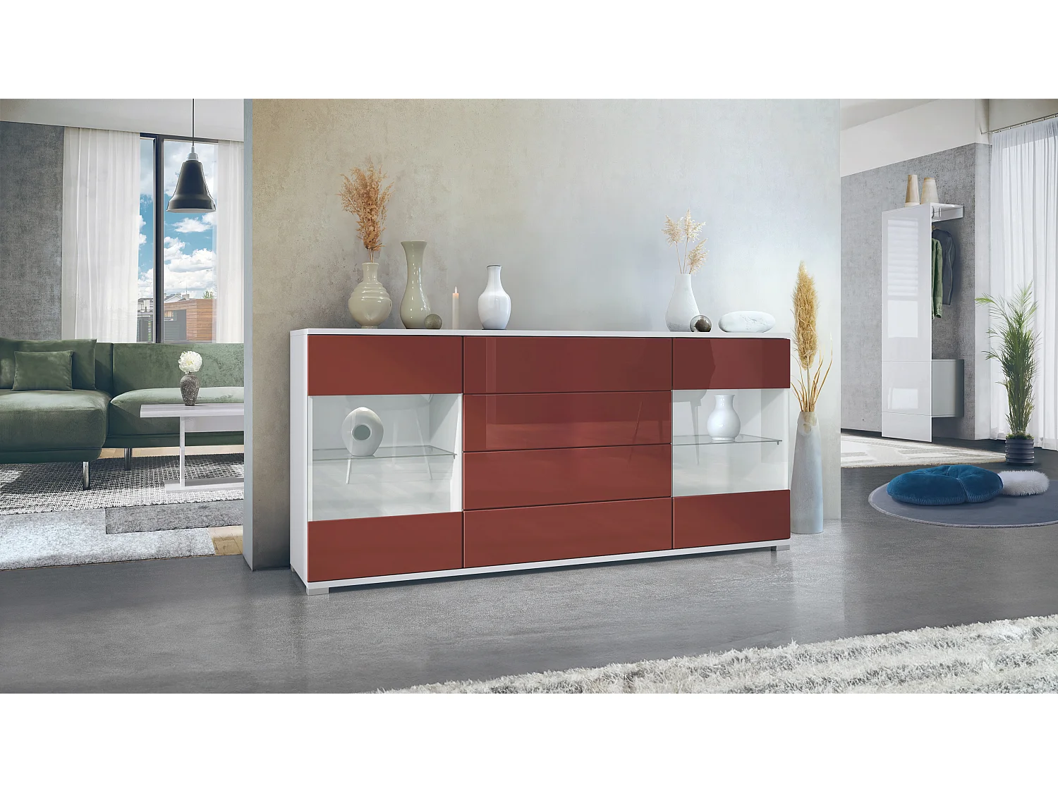Buffet Bari V2 – Meuble avec 2 Grandes Portes et 4 Tiroirs, blanc mat/bordeaux haute brillance (166,5 x 75,5 x 35)