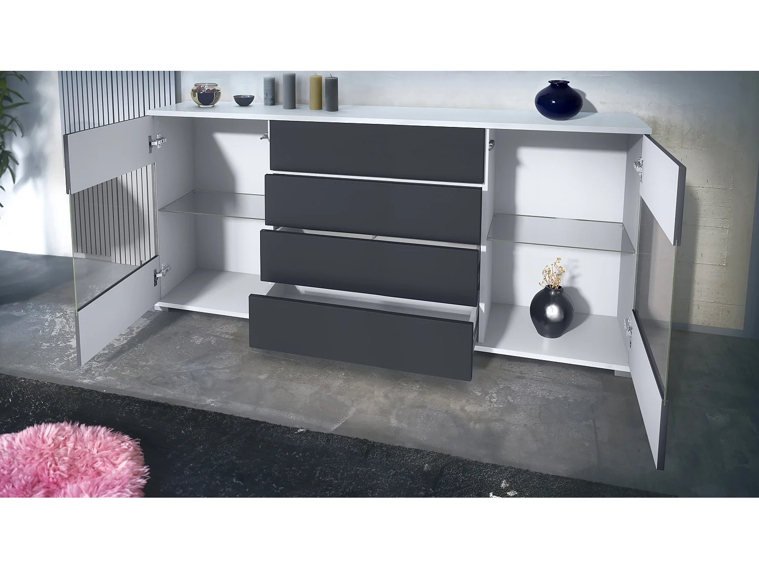 Buffet Bari V2 – Meuble avec 2 Grandes Portes et 4 Tiroirs, blanc mat/bordeaux haute brillance (166,5 x 75,5 x 35)