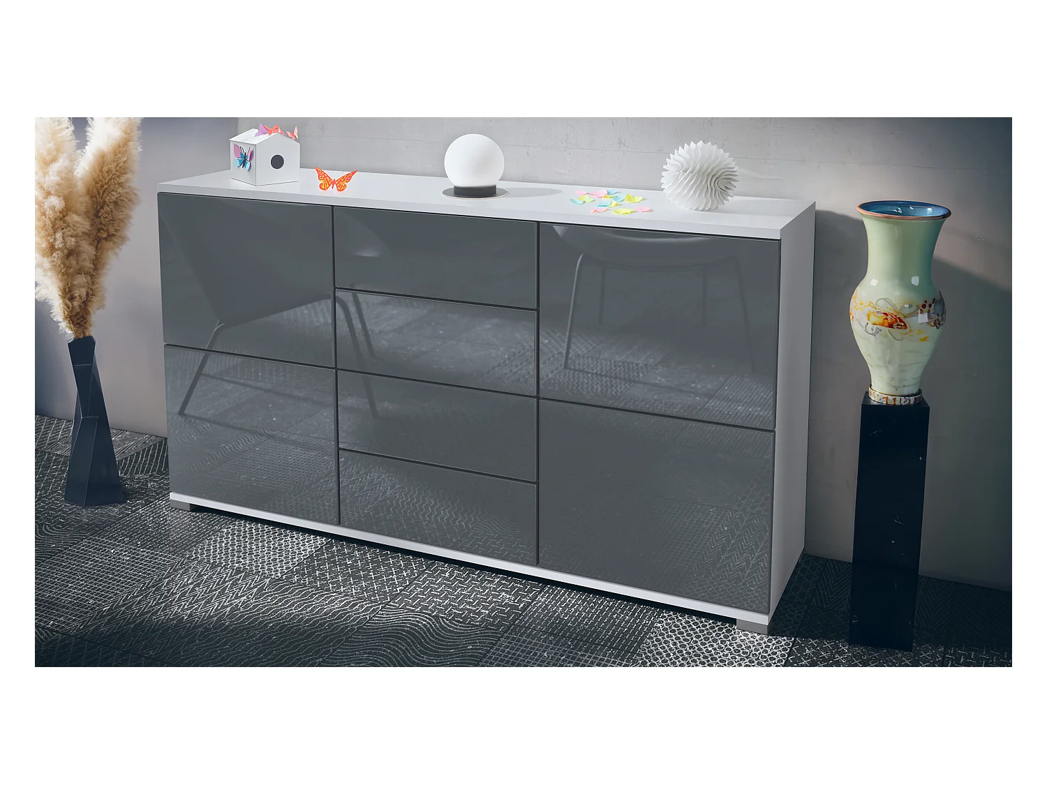 Buffet Rova V1 – Meuble avec 4 Portes et 4 Tiroirs, blanc mat/gris haute brillance (138,5 x 75,5 x 35)