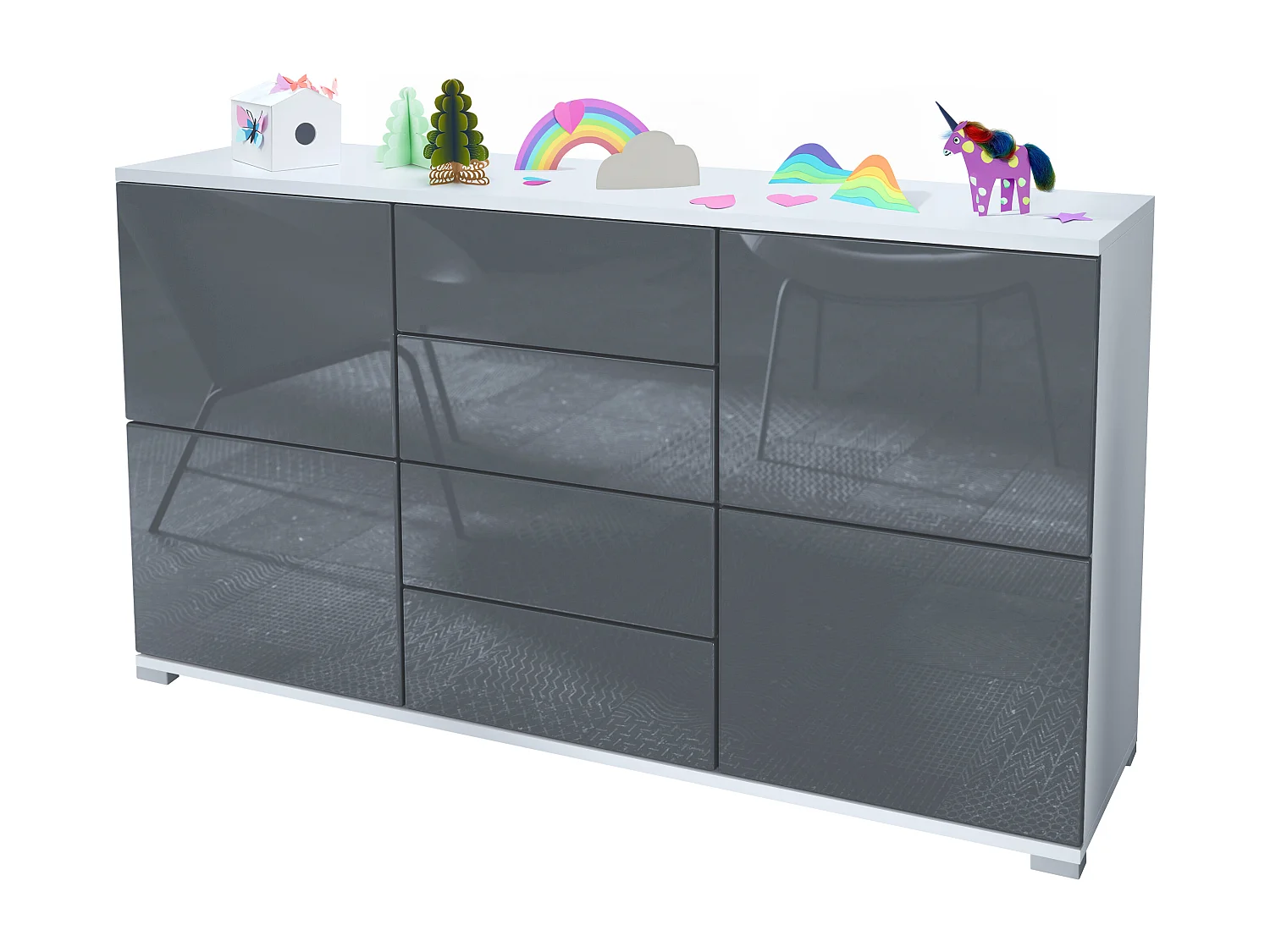 Buffet Rova V1 – Meuble avec 4 Portes et 4 Tiroirs, blanc mat/gris haute brillance (138,5 x 75,5 x 35)