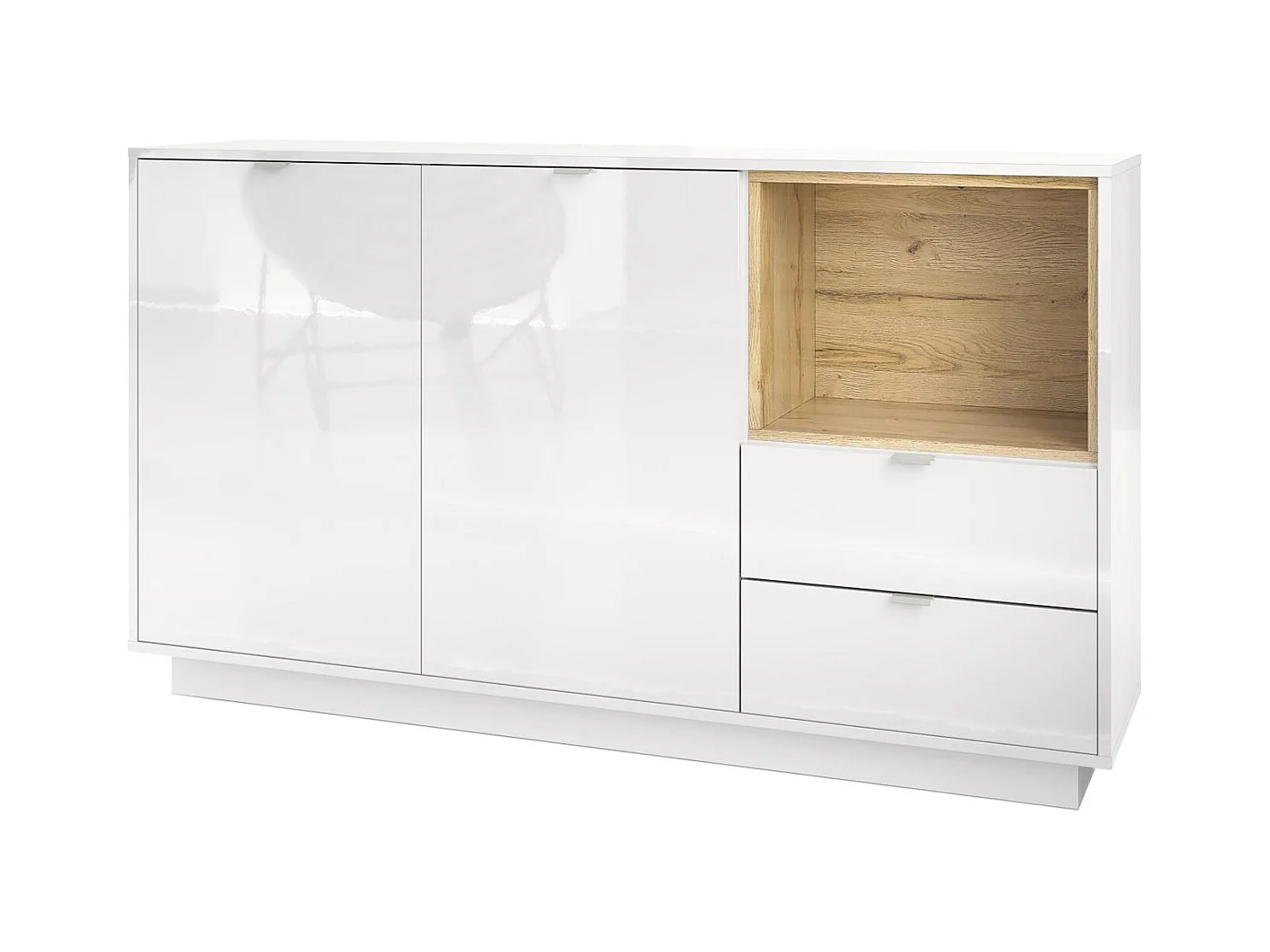 Buffet Armoire Metro, Corps en Blanc haute brillance / Façades en Blanc haute brillance avec une insertion en Chêne Nature