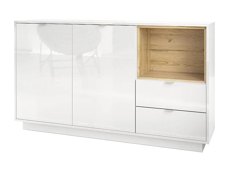 Buffet Armoire Metro, Corps en Blanc haute brillance / Façades en Blanc haute brillance avec une insertion en Chêne Nature