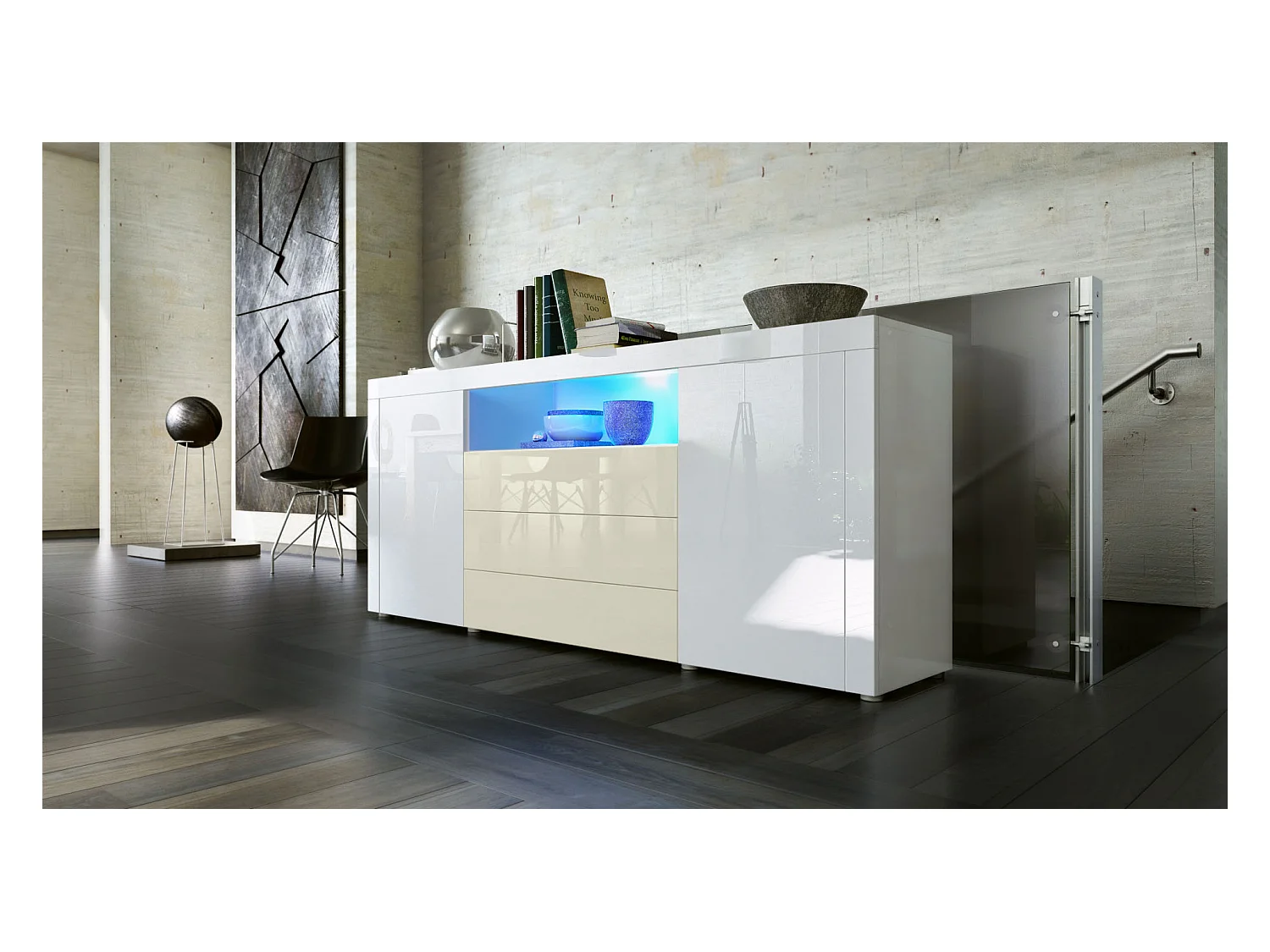 SIDEBOARD Santiago Weiß Hochglanz / Creme Hochglanz