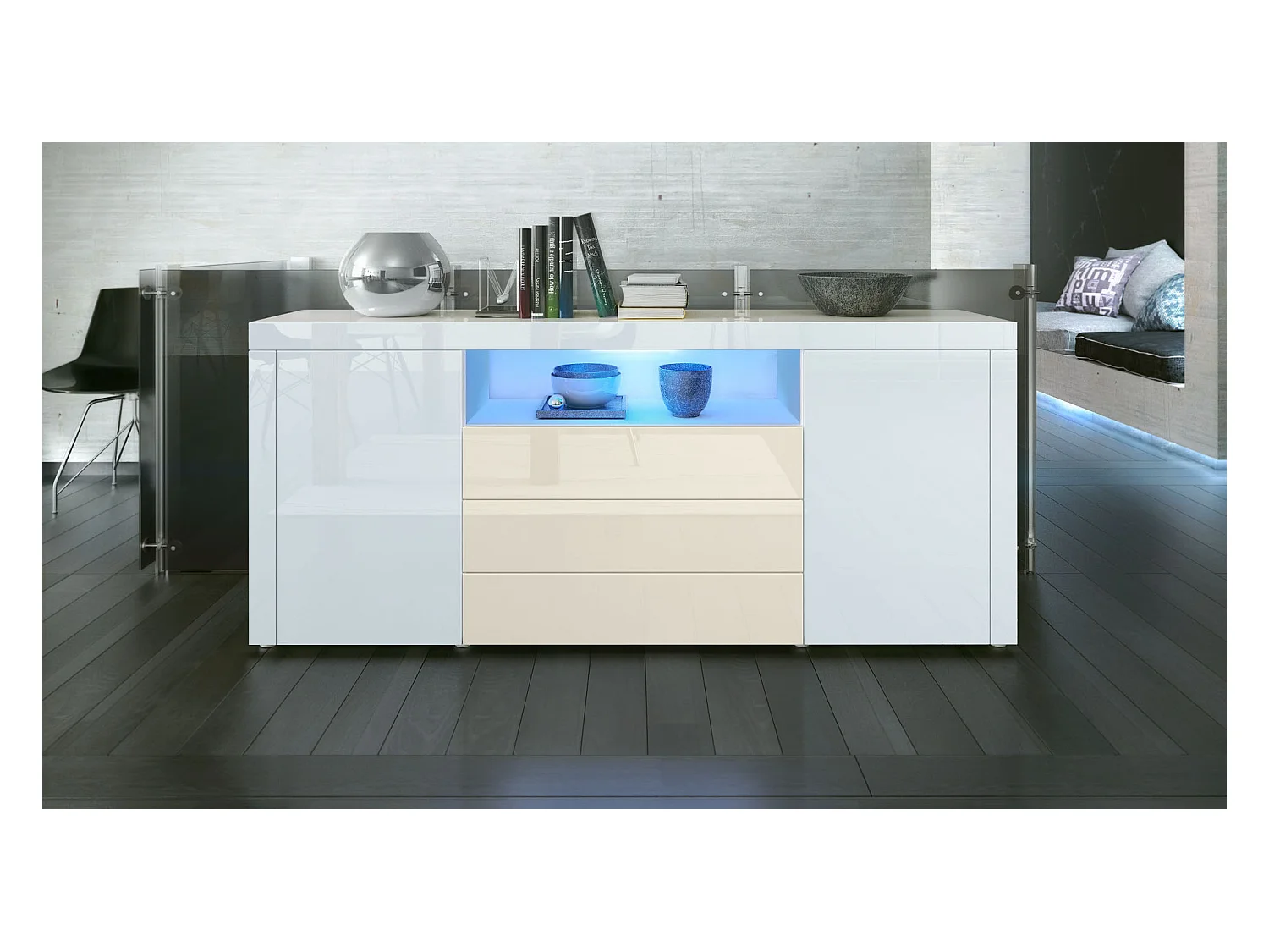 SIDEBOARD Santiago Weiß Hochglanz / Creme Hochglanz