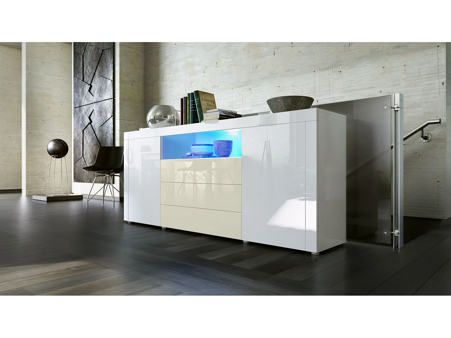 SIDEBOARD Santiago Weiß Hochglanz / Creme Hochglanz