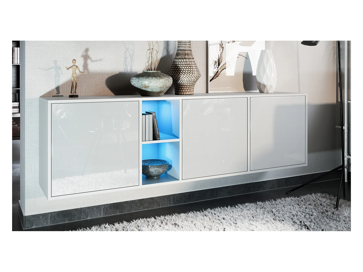 Commode Cuba - blanc mat/blanc haute brillance y compris LED - Buffet moderne pour votre salon - (LxHxP) 182x53x35 cm
