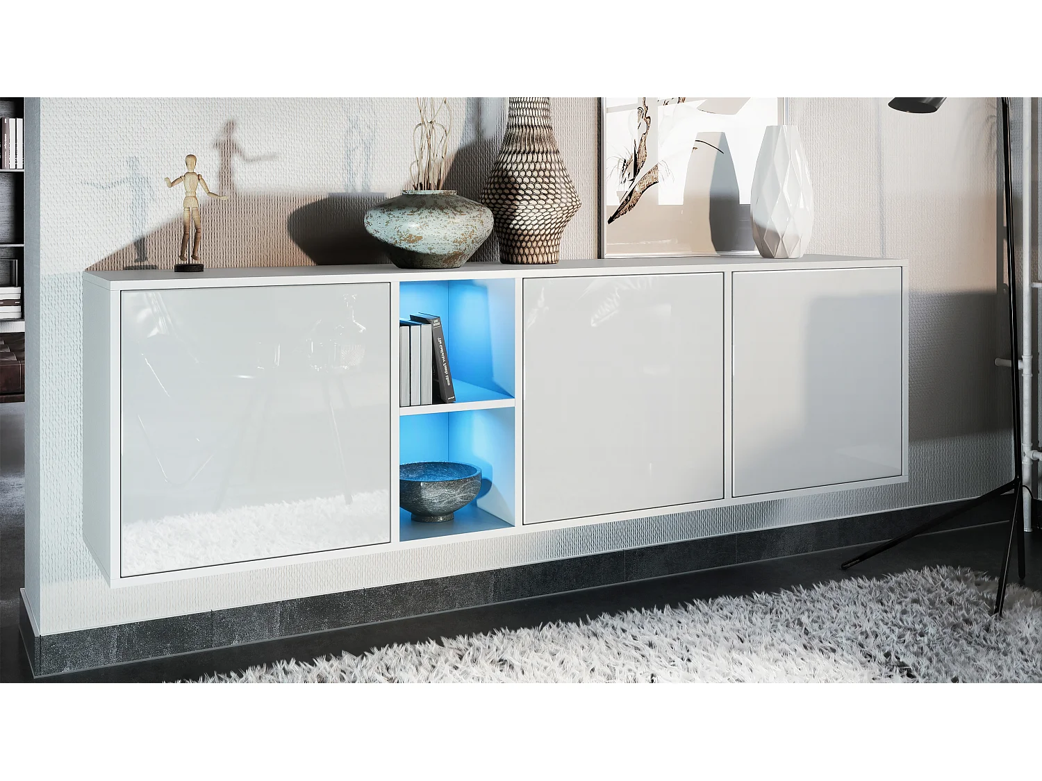 Commode Cuba - blanc mat/blanc haute brillance y compris LED - Buffet moderne pour votre salon - (LxHxP) 182x53x35 cm