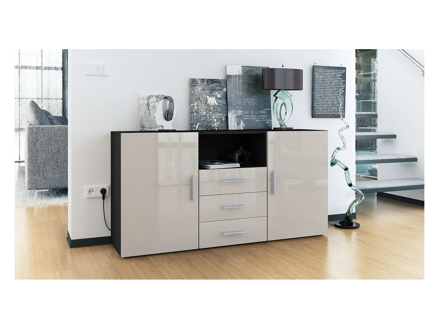 Buffet Skadu, Commode avec 2 portes, 3 tiroirs et 1 compartiment ouvert, noir mat/gris sable haute brillance (138,5 x 71,5 x 35 cm)