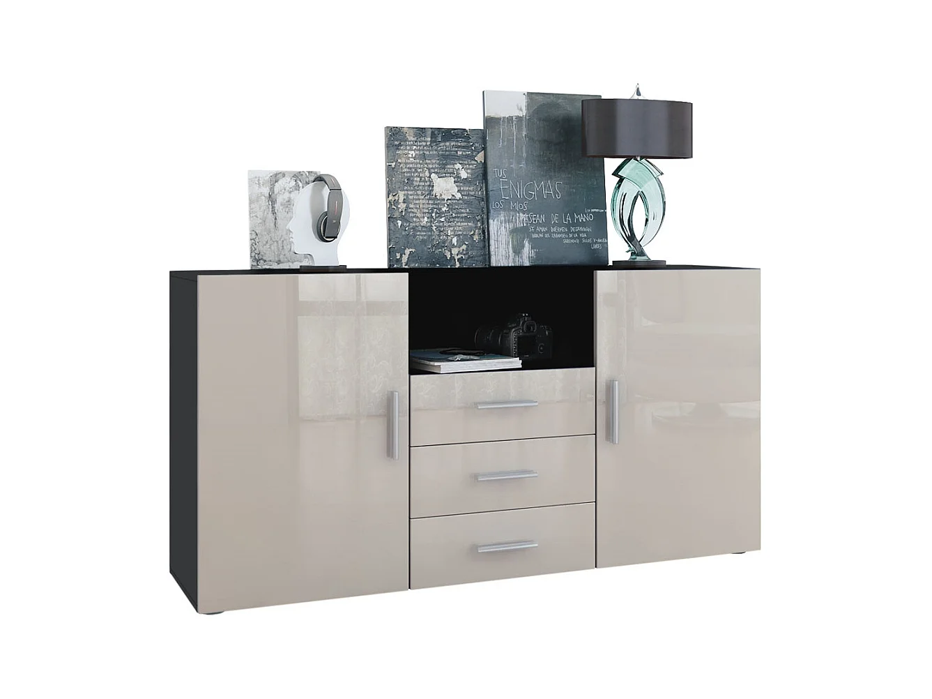 Buffet Skadu, Commode avec 2 portes, 3 tiroirs et 1 compartiment ouvert, noir mat/gris sable haute brillance (138,5 x 71,5 x 35 cm)