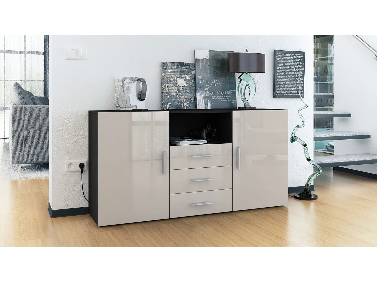 Credenza Skadu, mobile con 2 ante, 3 cassetti e 1 scomparto a giorno, nero opaco/grigio sabbia lucido (138,5 x 71,5 x 35 cm)