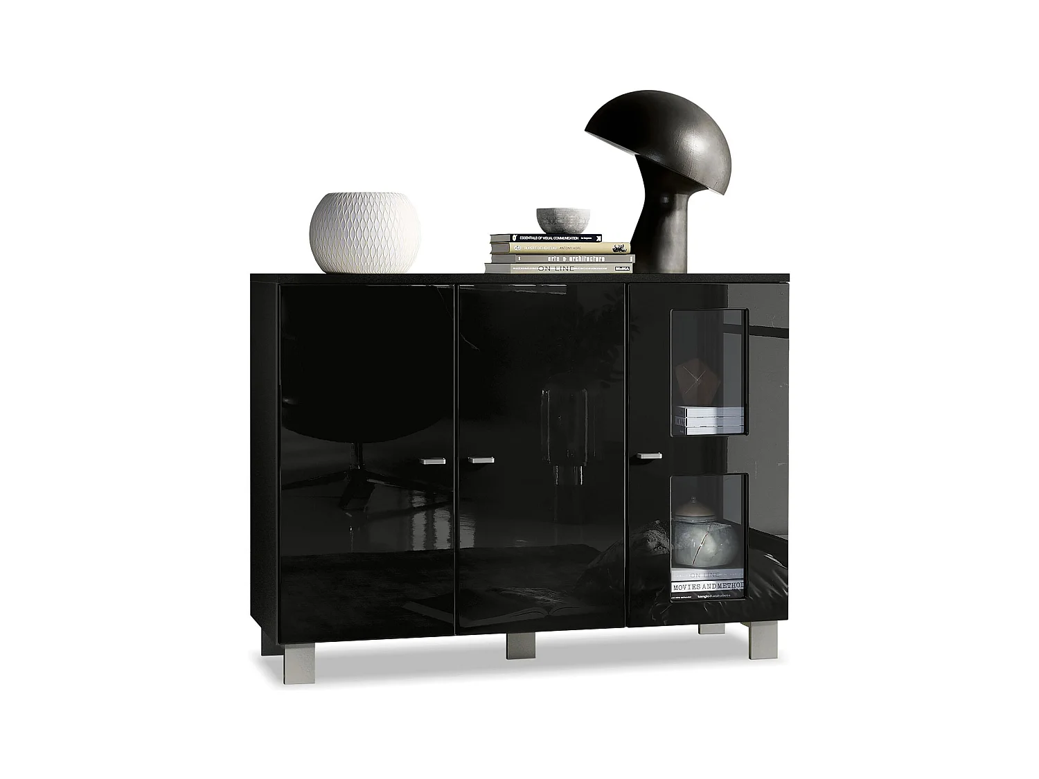 Buffet Denjo, Commode avec 3 portes, Noir mat/Noir haute brillance (107 x 81 x 35 cm)