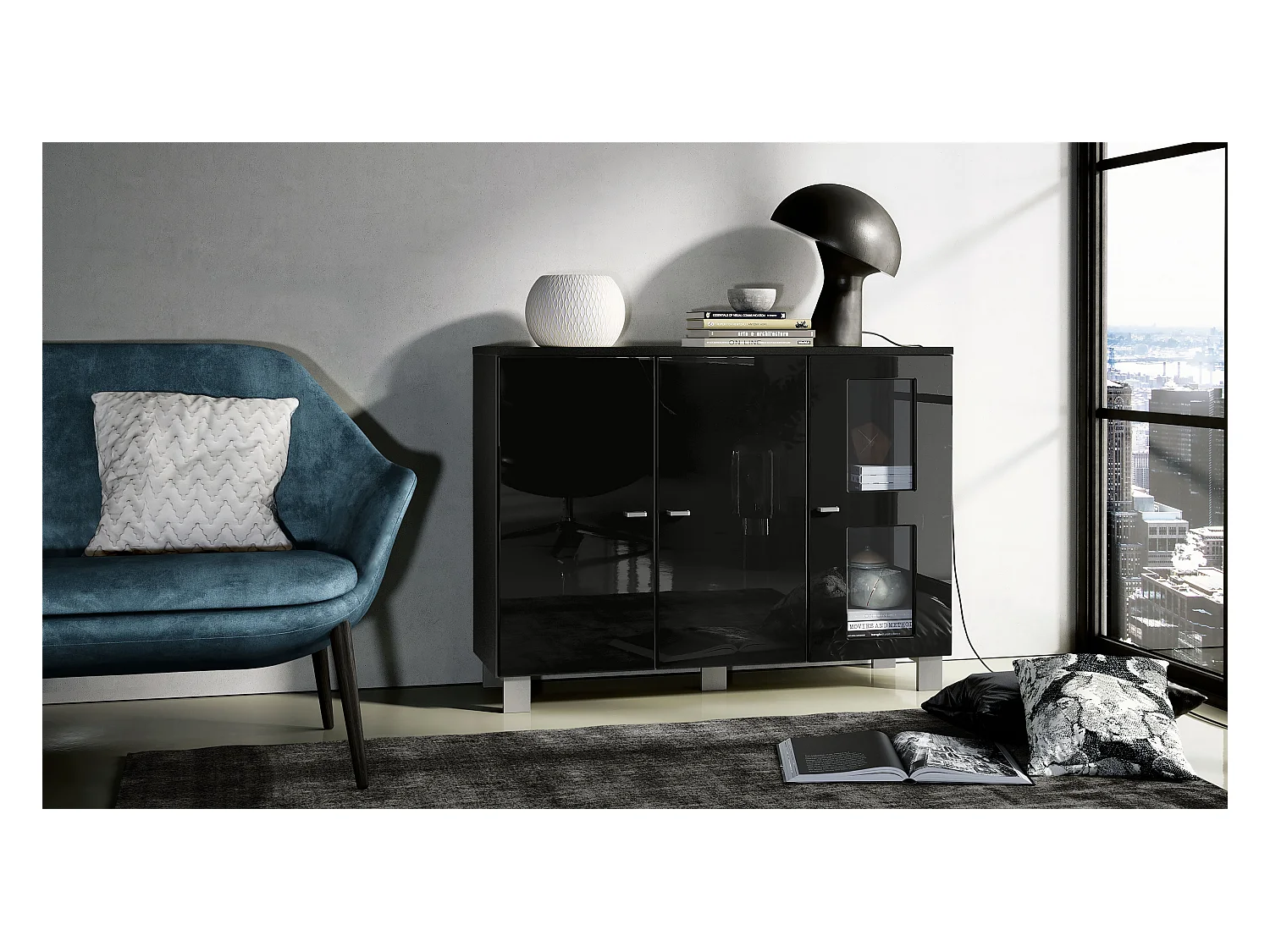 Buffet Denjo, Commode avec 3 portes, Noir mat/Noir haute brillance (107 x 81 x 35 cm)