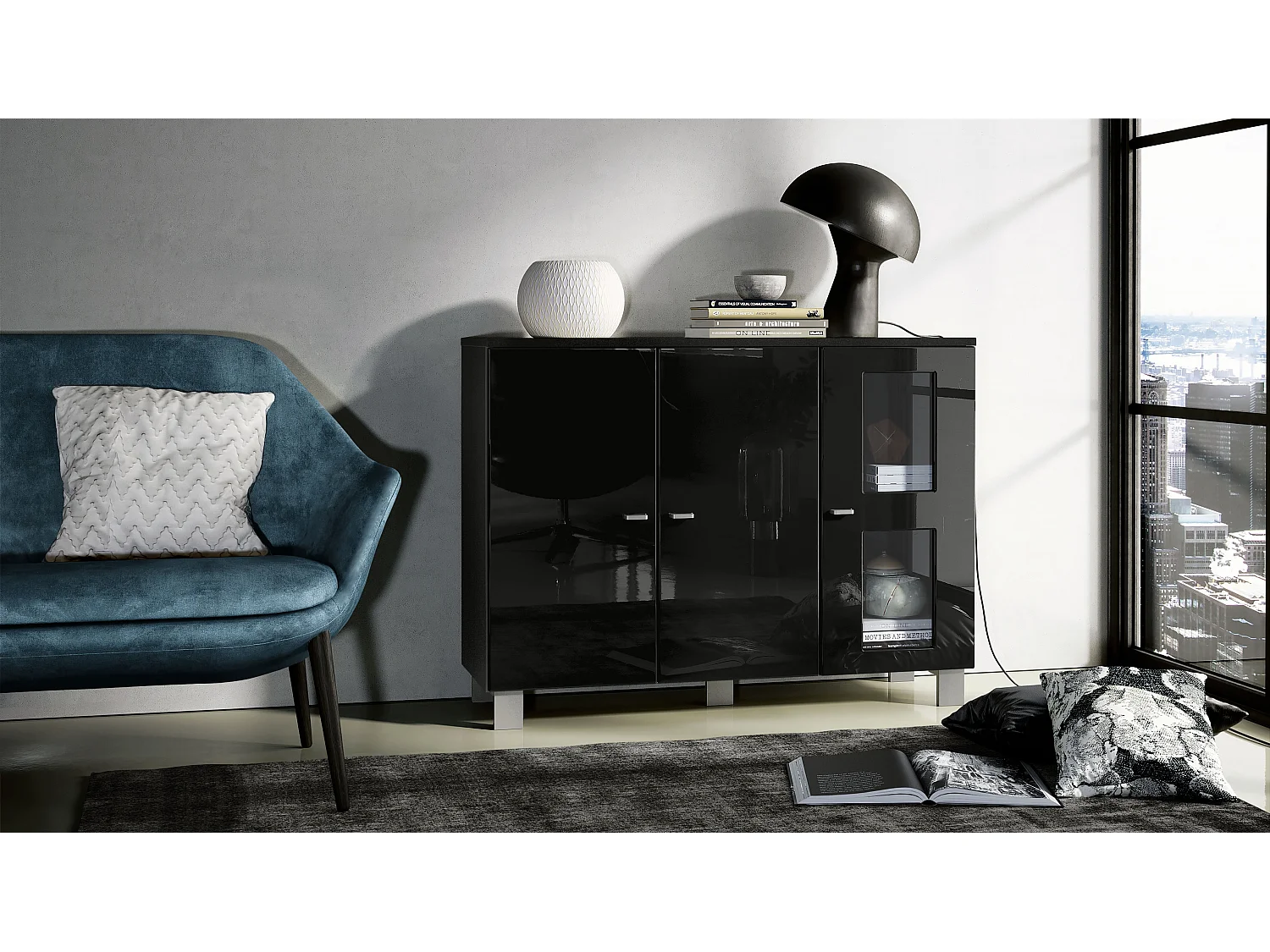 Credenza  Denjo, mobile a 3 ante, nero opaco/nero lucido (107 x 81 x 35 cm)