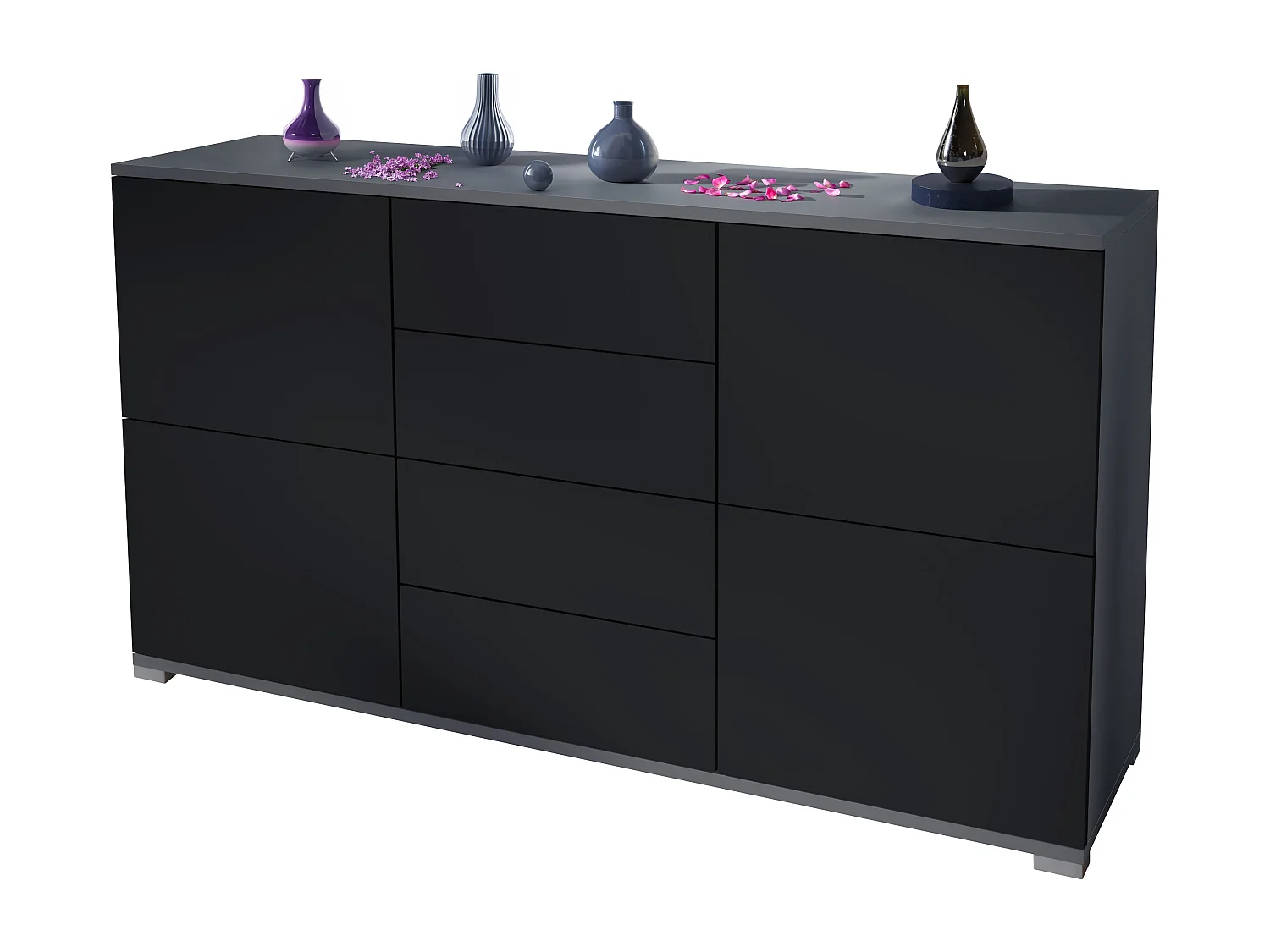 Credenza Rova V1 – Mobile con 4 Ante e 4 Cassetti, antracite opaco /nero opaco (138,5 x 75,5 x 35)