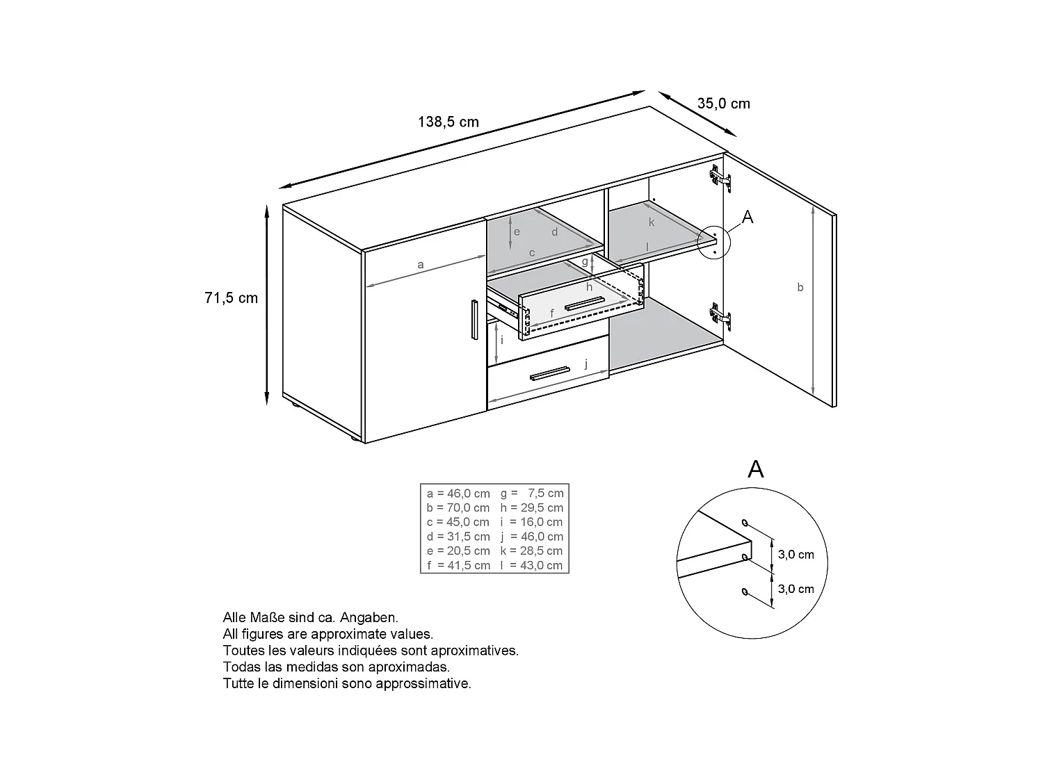 Buffet Skadu, Commode avec 2 portes, 3 tiroirs et 1 compartiment ouvert, noir mat/bordeaux haute brillance (138,5 x 71,5 x 35 cm)