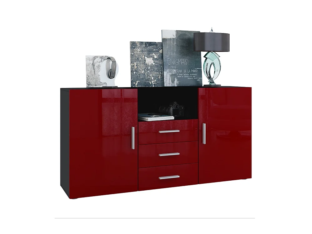 Buffet Skadu, Commode avec 2 portes, 3 tiroirs et 1 compartiment ouvert, noir mat/bordeaux haute brillance (138,5 x 71,5 x 35 cm)