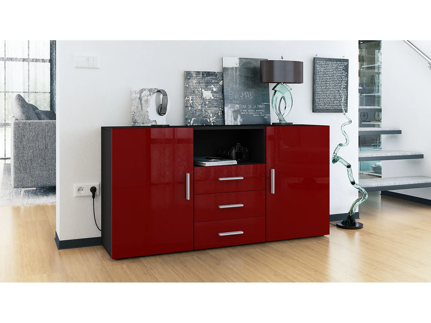 Credenza Skadu, mobile con 2 ante, 3 cassetti e 1 scomparto a giorno, nero opaco/bordeaux lucido (138,5 x 71,5 x 35 cm)
