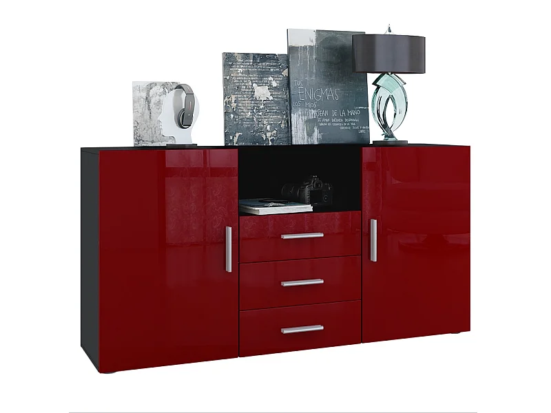 Buffet Skadu, Commode avec 2 portes, 3 tiroirs et 1 compartiment ouvert, noir mat/bordeaux haute brillance (138,5 x 71,5 x 35 cm)