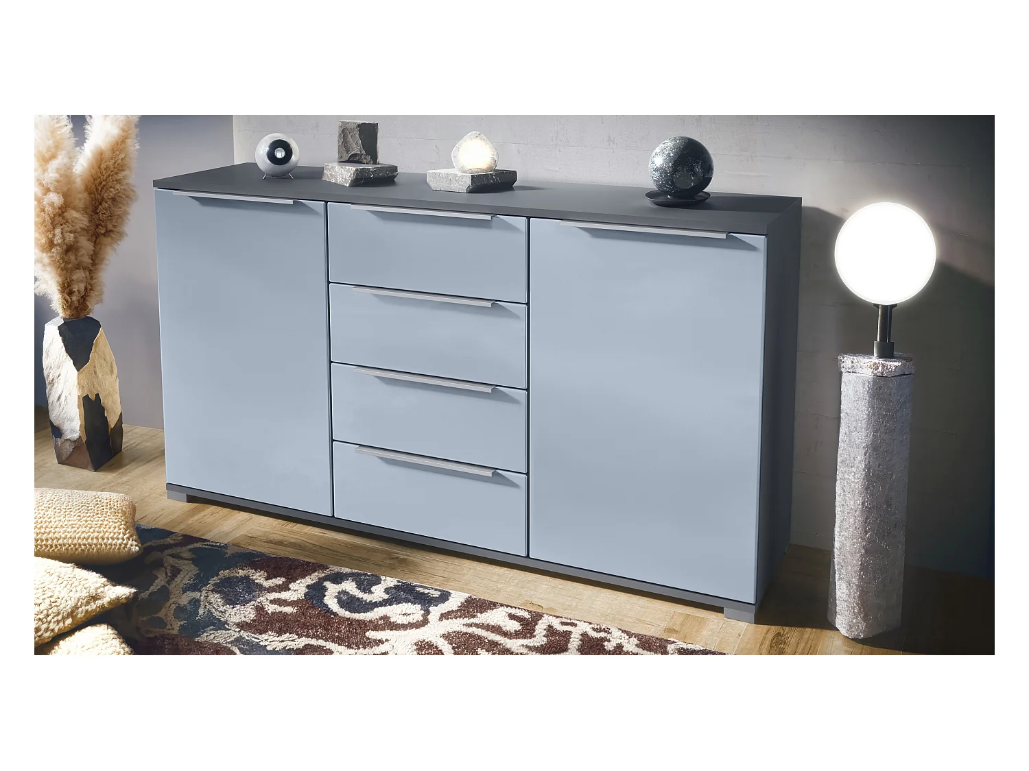 Buffet Linio V1, Enfilade avec 2 portes et 4 tiroirs, anthracite mat / denim mat (138,5 x 75,5 x 35 cm)