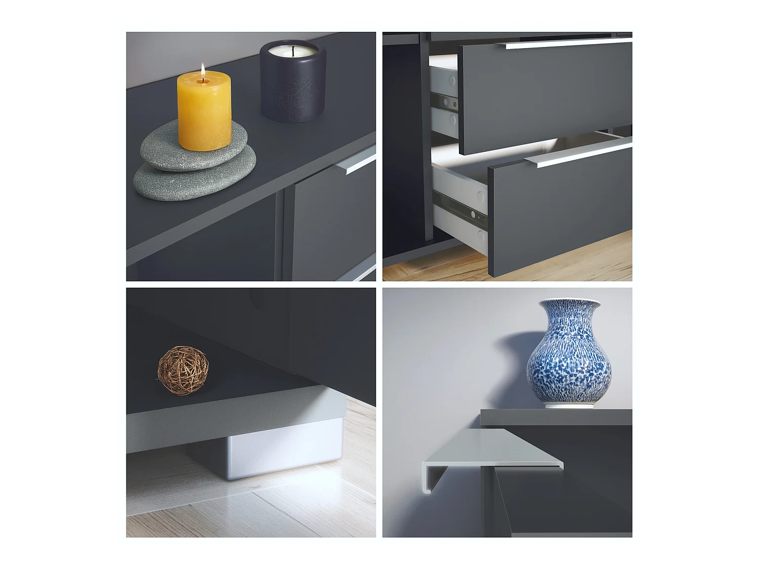 Buffet Linio V1, Enfilade avec 2 portes et 4 tiroirs, anthracite mat / denim mat (138,5 x 75,5 x 35 cm)