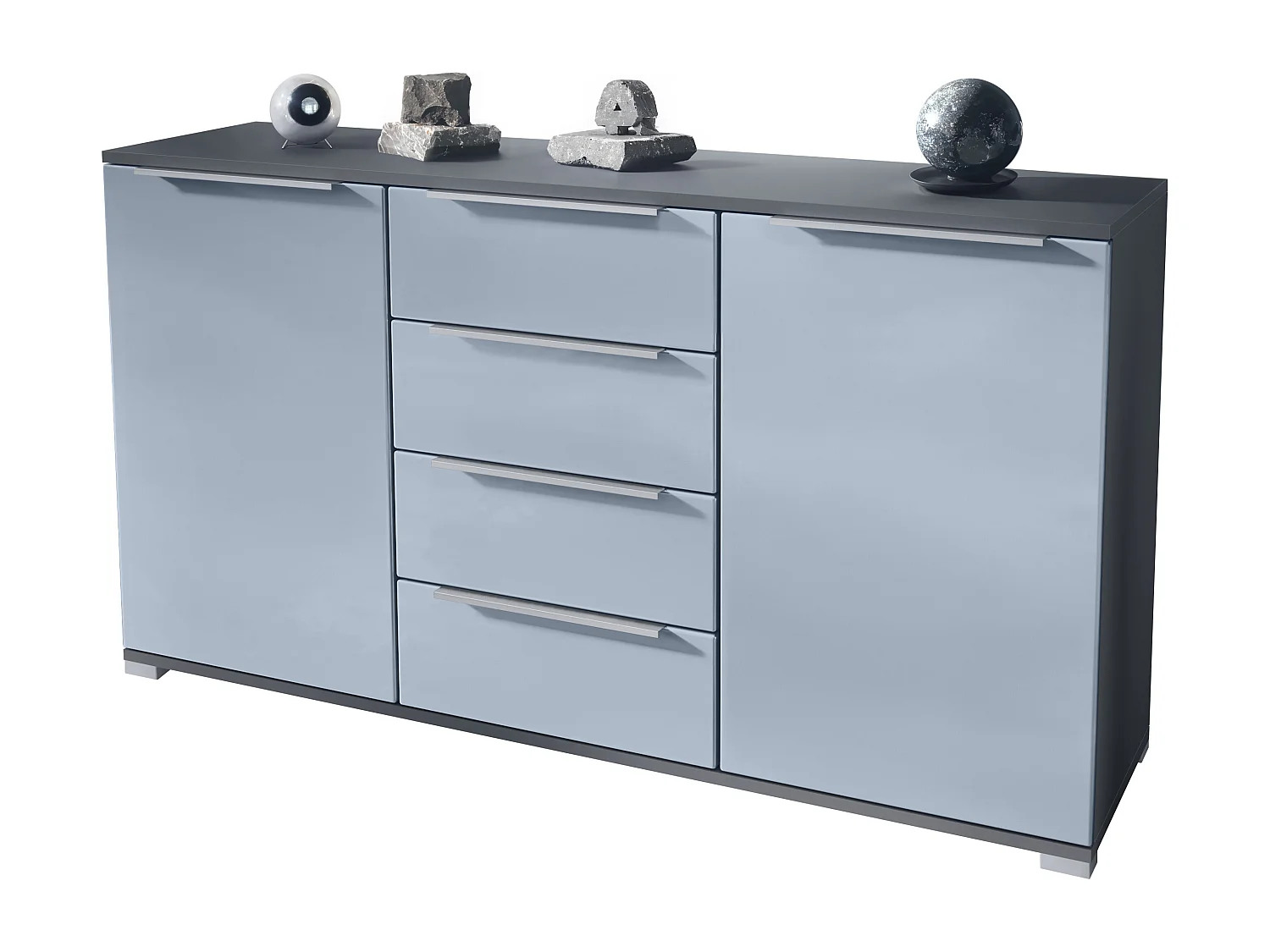 Buffet Linio V1, Enfilade avec 2 portes et 4 tiroirs, anthracite mat / denim mat (138,5 x 75,5 x 35 cm)