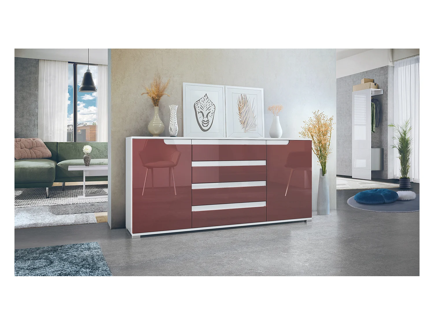 Buffet Sylt V2, Commode avec 2 Portes et 4 Tiroirs, Corps - blanc mat / Façade - bordeaux haute brillance / Détails - blanc haute brillance (166,5 x 75,5 x 35 cm)