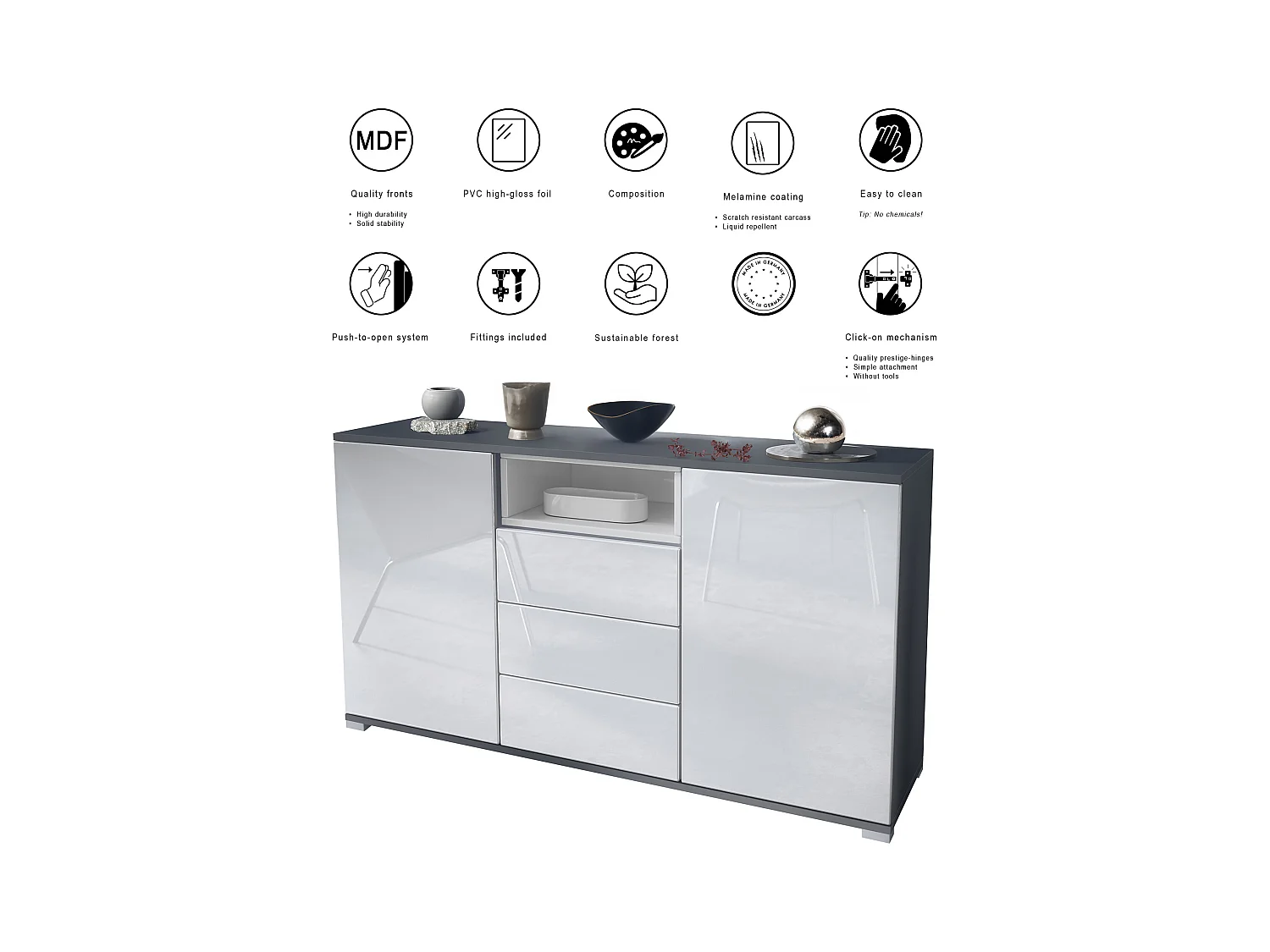 Skadu V2 Buffet, Commode avec 2 portes, 3 tiroirs et 1 compartiment ouvert, anthracite mat/gris haute brillance (138,5 x 75,5 x 35 cm)