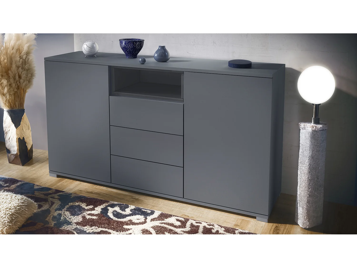 Skadu V2 Buffet, Commode avec 2 portes, 3 tiroirs et 1 compartiment ouvert, anthracite mat/gris haute brillance (138,5 x 75,5 x 35 cm)