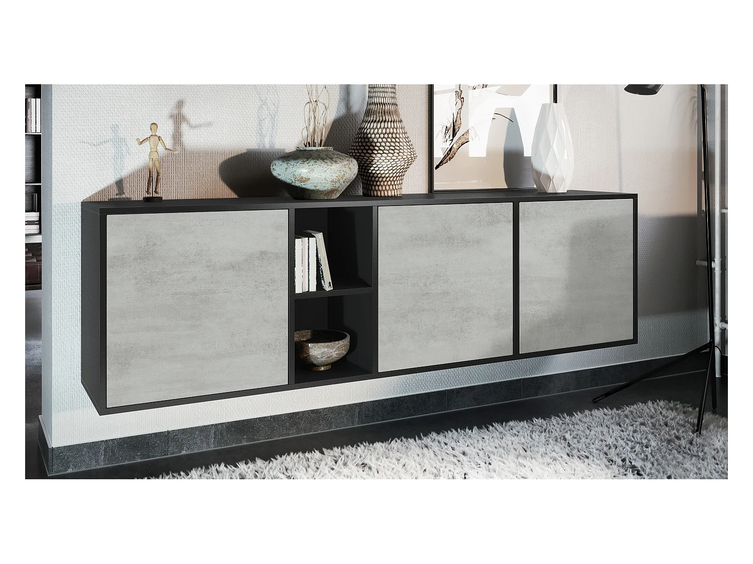 Commode Cuba - noir mat/aspect béton oxyde - Buffet moderne pour votre salon - (LxHxP) 182x53x35 cm