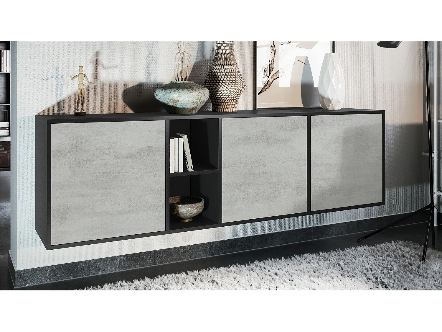 Vladon Cassettiera Cuba - nero opaco/ottica cermento ossido - Credenza moderna per la zona giorno - (LxAxP) 182x53x35 cm