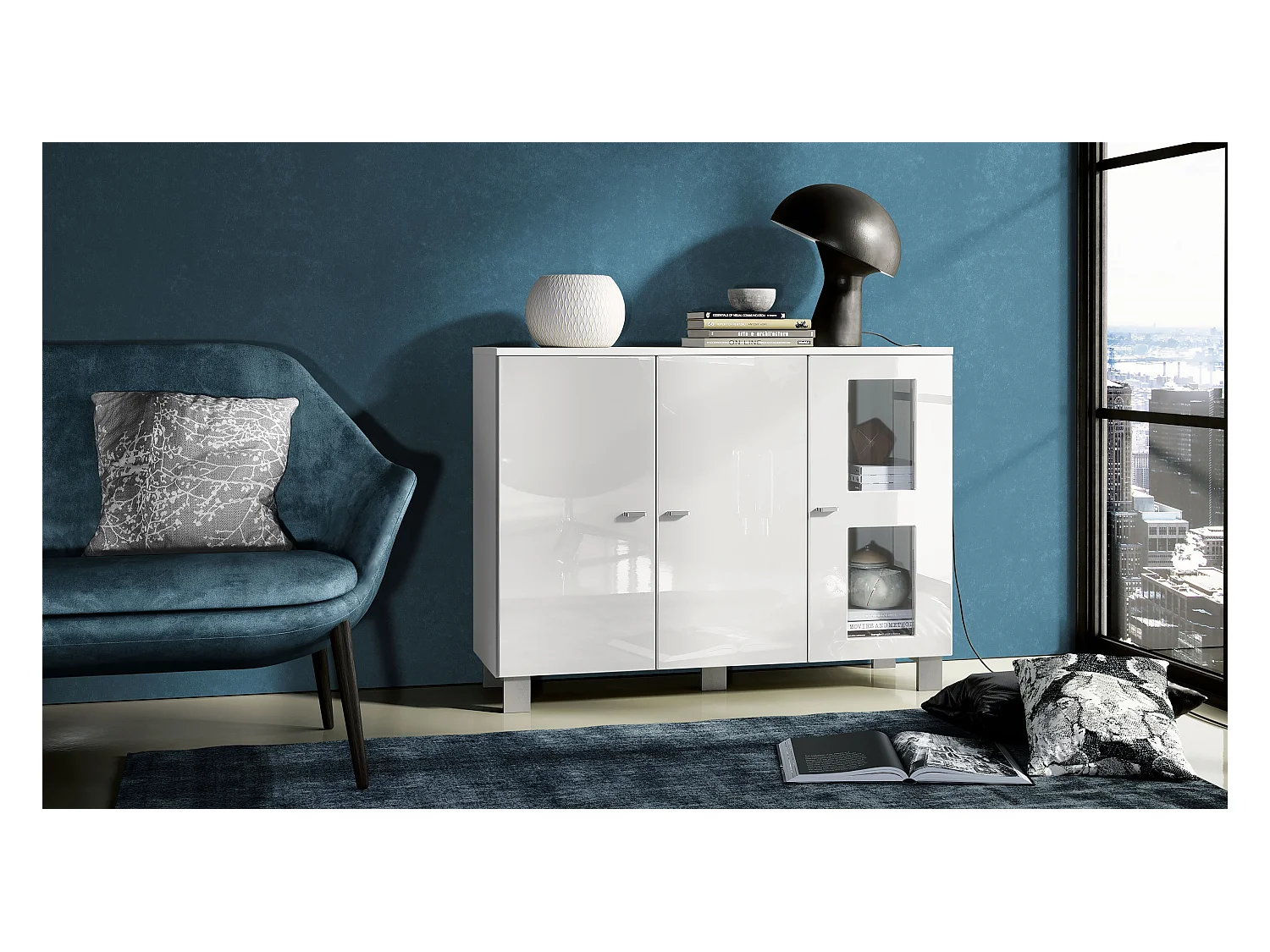 Buffet Denjo, Commode avec 3 portes, Blanc mat/Blanc haute brillance (107 x 81 x 35 cm)