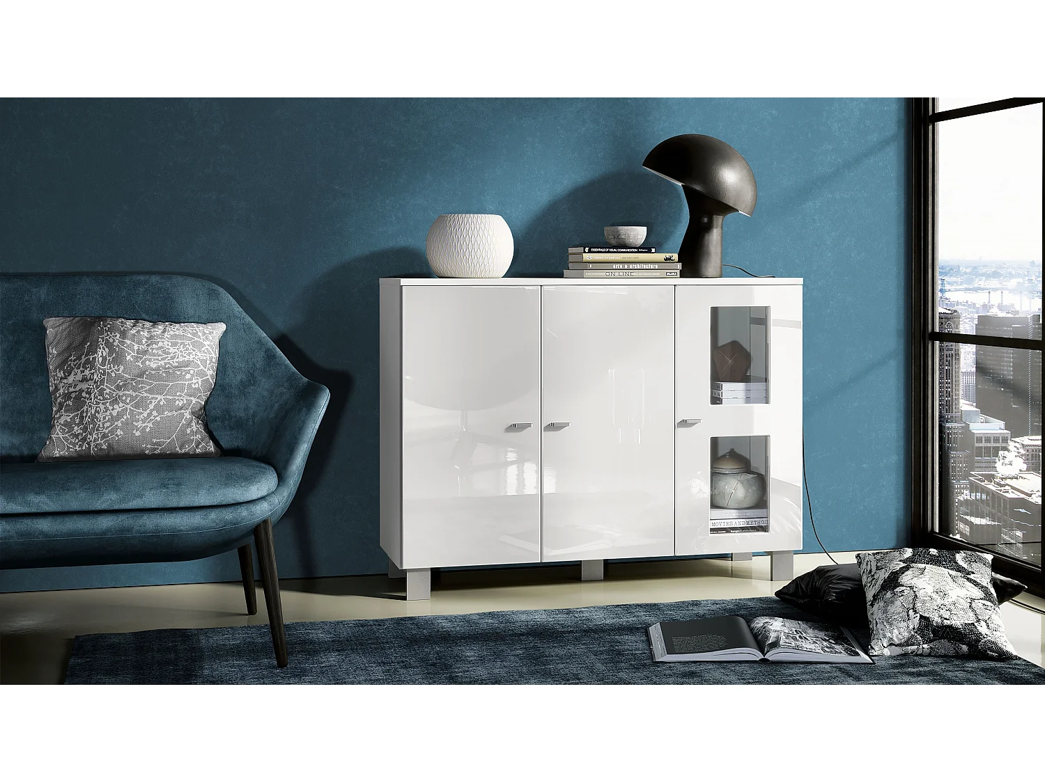 Buffet Denjo, Commode avec 3 portes, Blanc mat/Blanc haute brillance (107 x 81 x 35 cm)