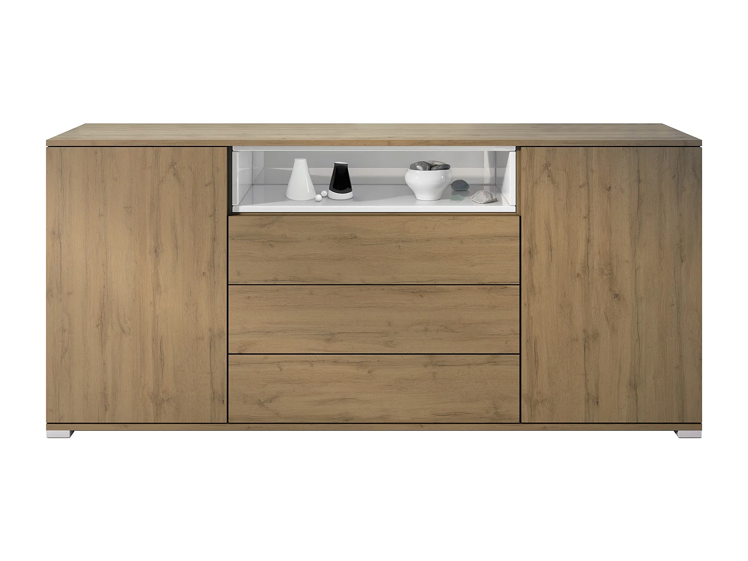 Skadu V4 Buffet, Commode avec 2 portes, 3 tiroirs et 1 compartiment ouvert, Chêne Evoke/blanc haute brillance (166,5 x 75,5 x 35 cm)