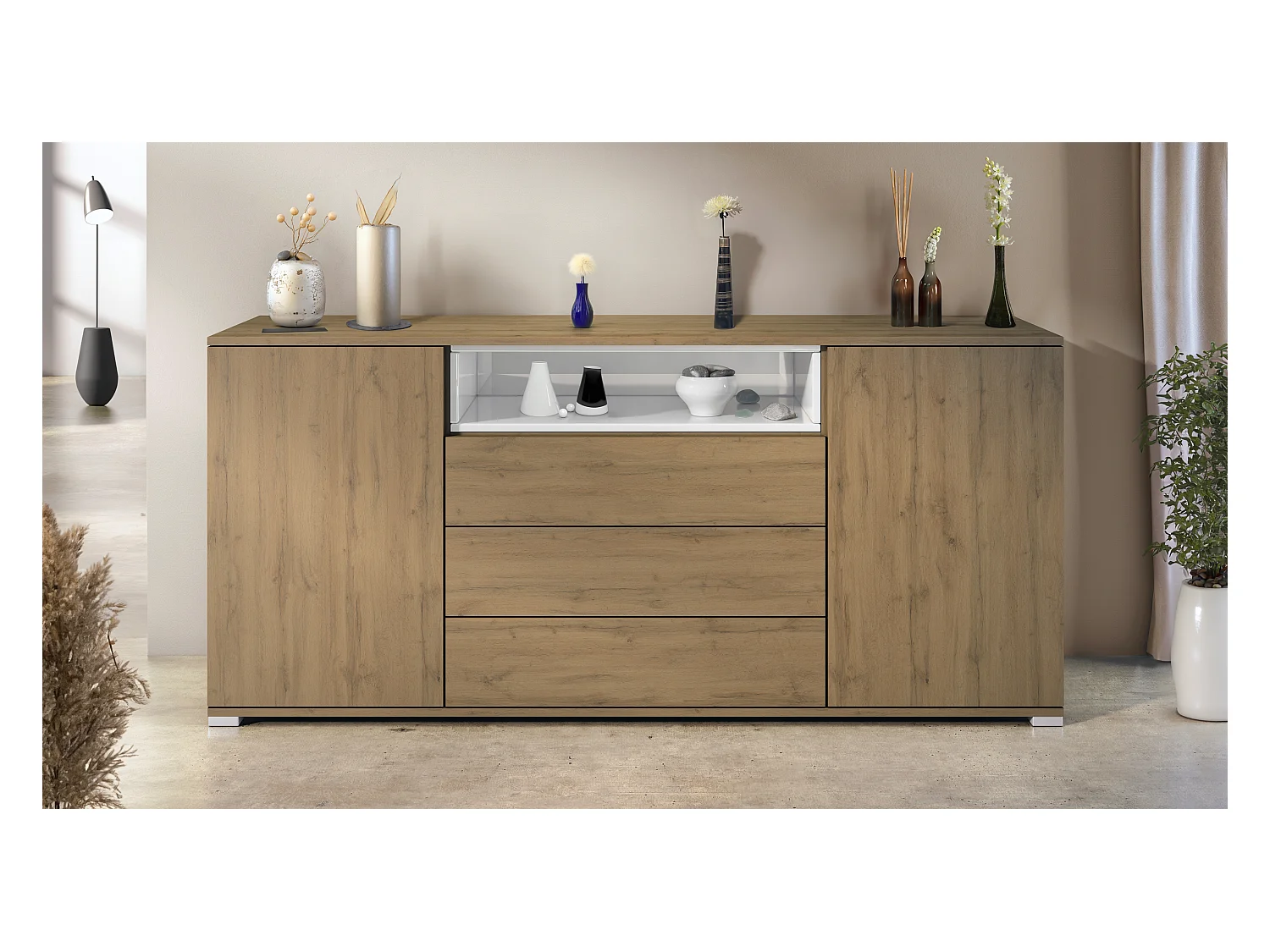 Skadu V4 Buffet, Commode avec 2 portes, 3 tiroirs et 1 compartiment ouvert, Chêne Evoke/blanc haute brillance (166,5 x 75,5 x 35 cm)