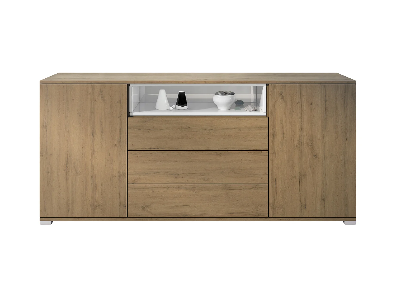 Skadu V4 Buffet, Commode avec 2 portes, 3 tiroirs et 1 compartiment ouvert, Chêne Evoke/blanc haute brillance (166,5 x 75,5 x 35 cm)