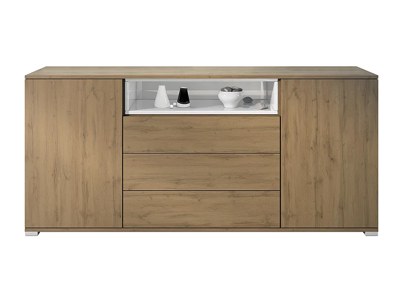 Skadu V4 Buffet, Commode avec 2 portes, 3 tiroirs et 1 compartiment ouvert, Chêne Evoke/blanc haute brillance (166,5 x 75,5 x 35 cm)