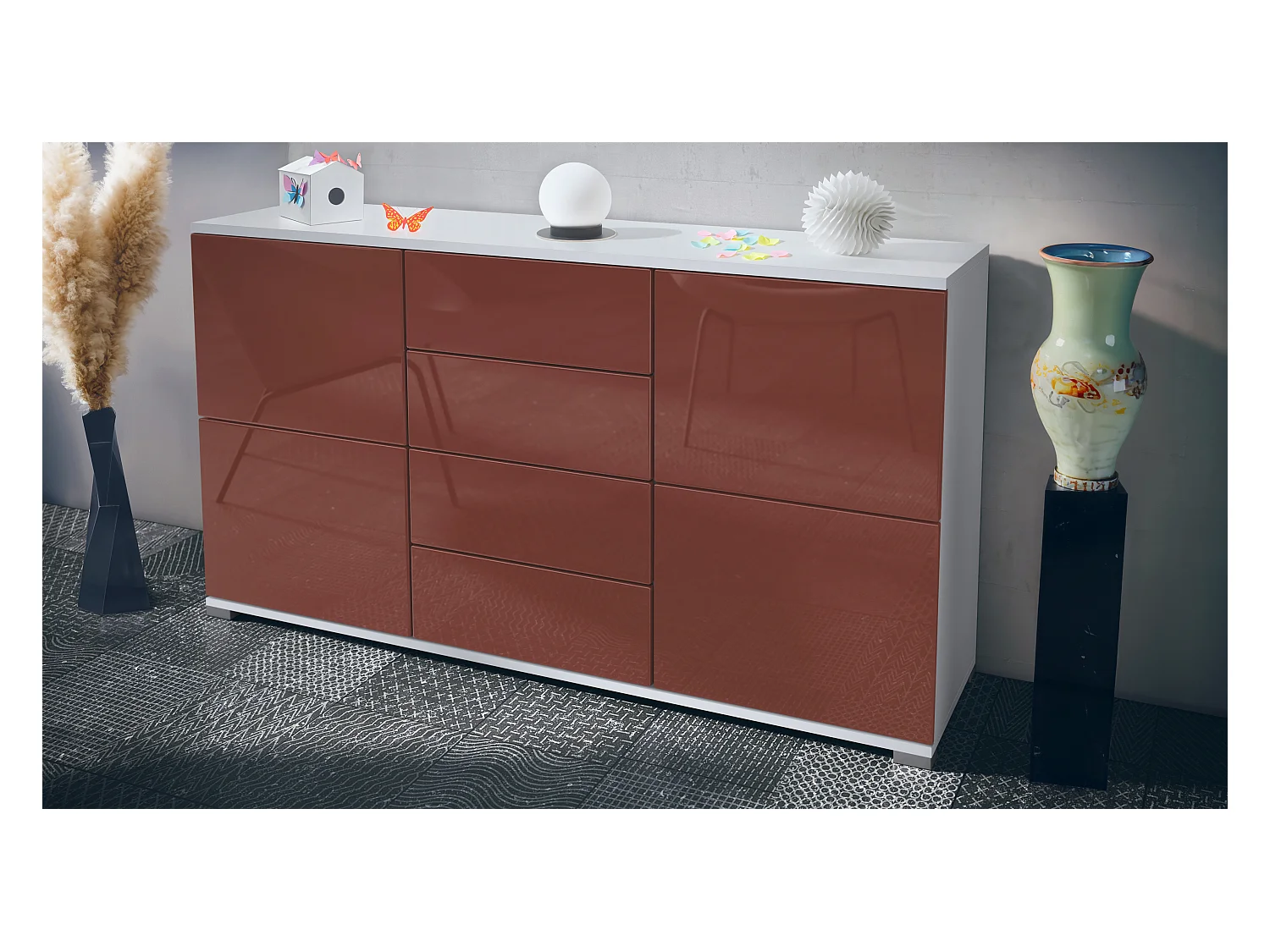Buffet Rova V1 – Meuble avec 4 Portes et 4 Tiroirs, blanc mat/bordeaux haute brillance (138,5 x 75,5 x 35)