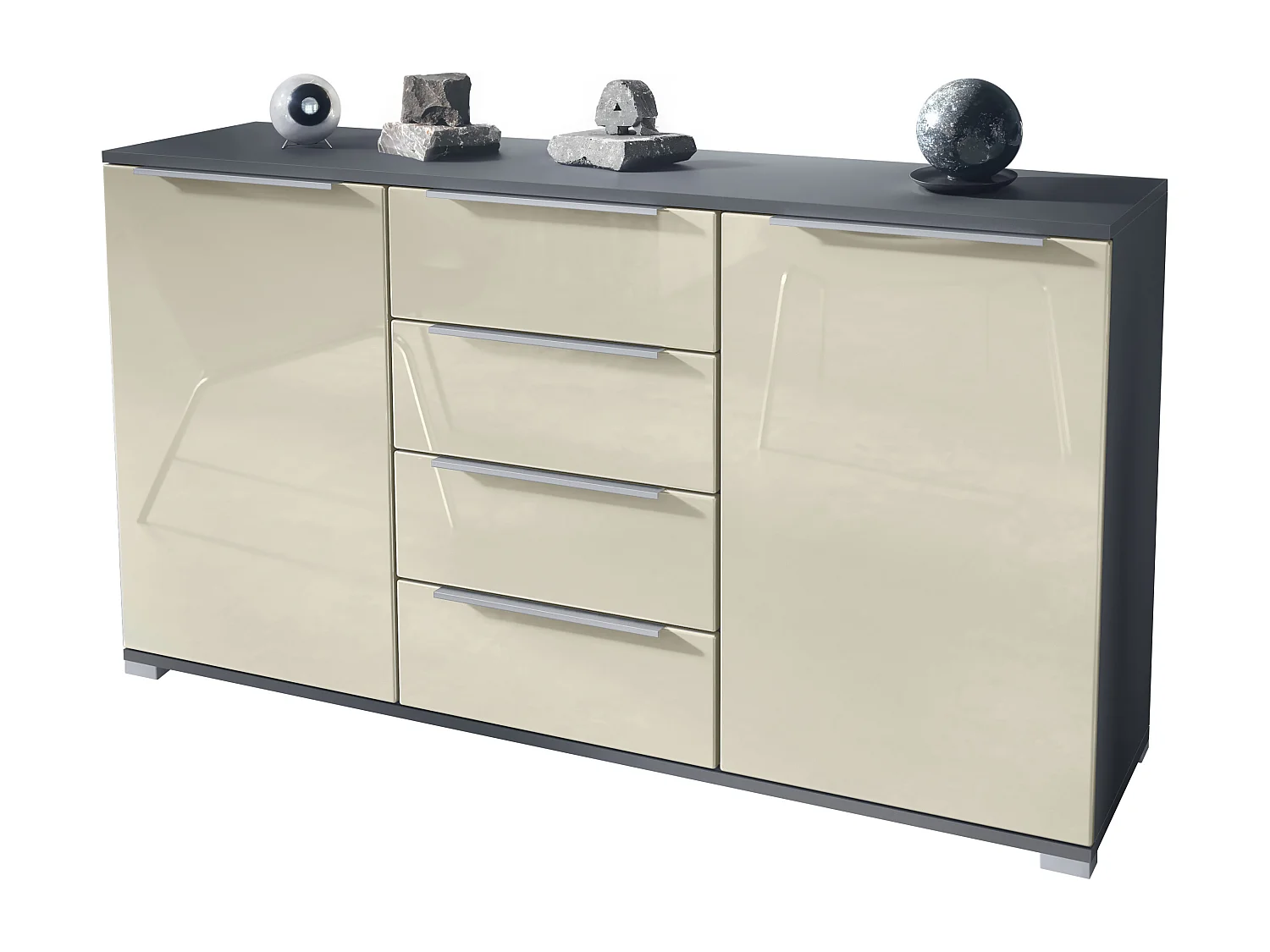 Buffet Linio V1, Enfilade avec 2 portes et 4 tiroirs, anthracite mat / crème haute brillance (138,5 x 75,5 x 35 cm)