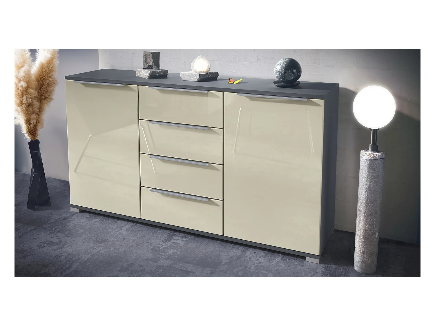 Buffet Linio V1, Enfilade avec 2 portes et 4 tiroirs, anthracite mat / crème haute brillance (138,5 x 75,5 x 35 cm)