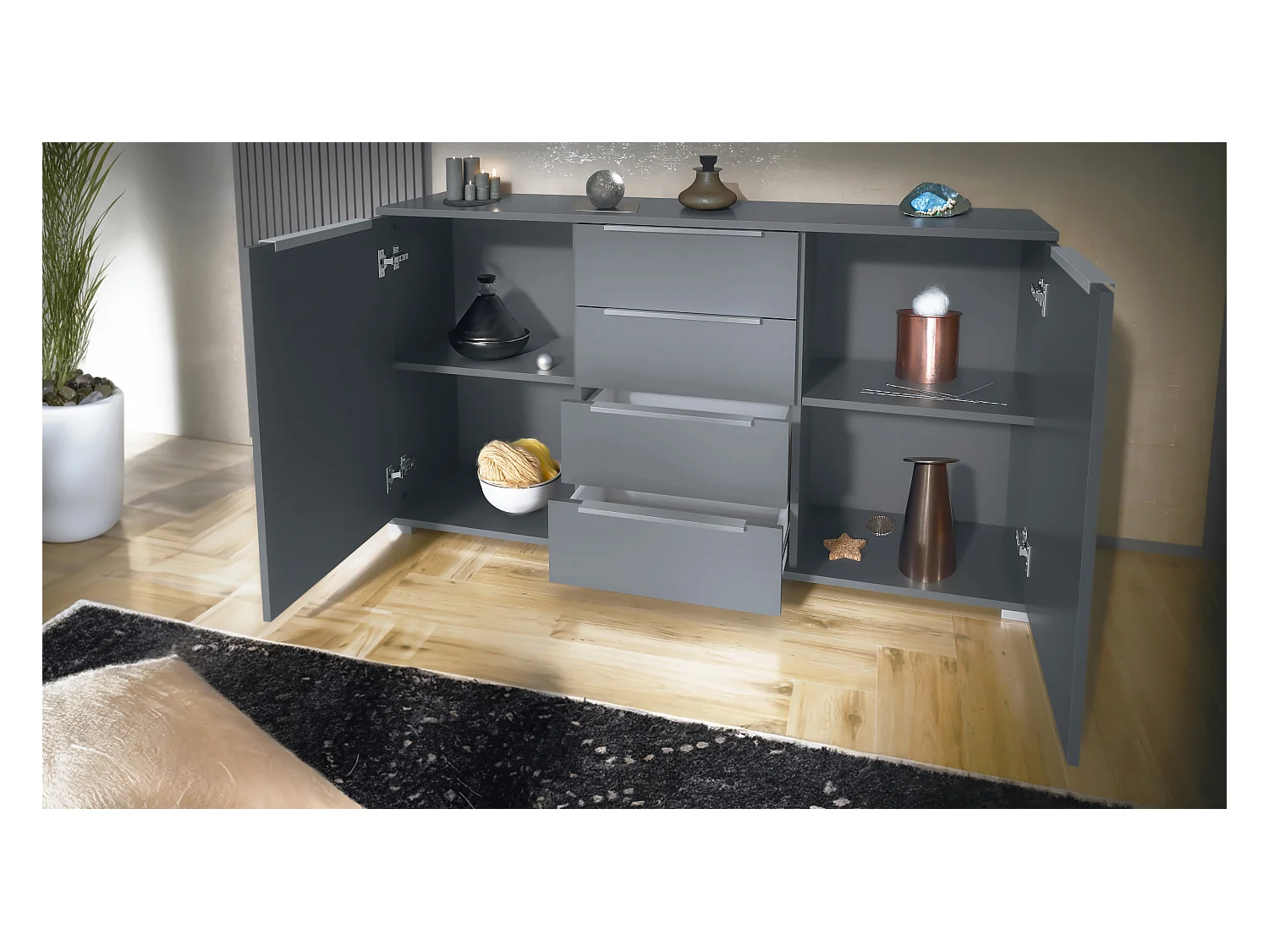 Buffet Linio V1, Enfilade avec 2 portes et 4 tiroirs, anthracite mat / crème haute brillance (138,5 x 75,5 x 35 cm)